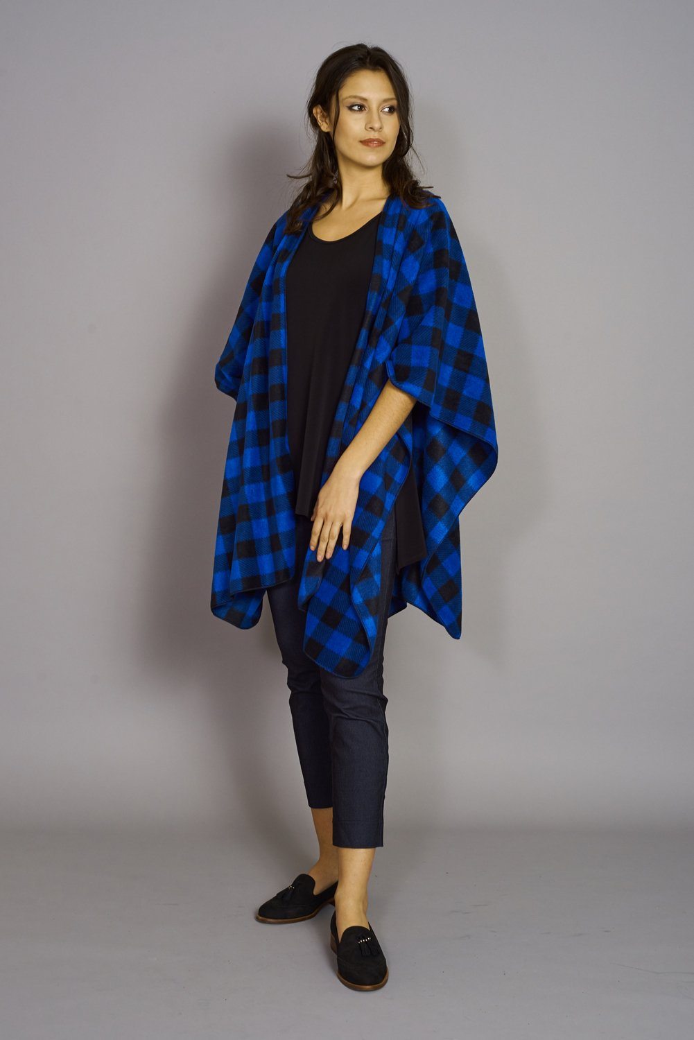Royal Blue & Black Buffalo Print - Premium Mountain Fleece Cape Shawl Poncho ~ Made in Canada (Sale Price: $76.50 CAD)