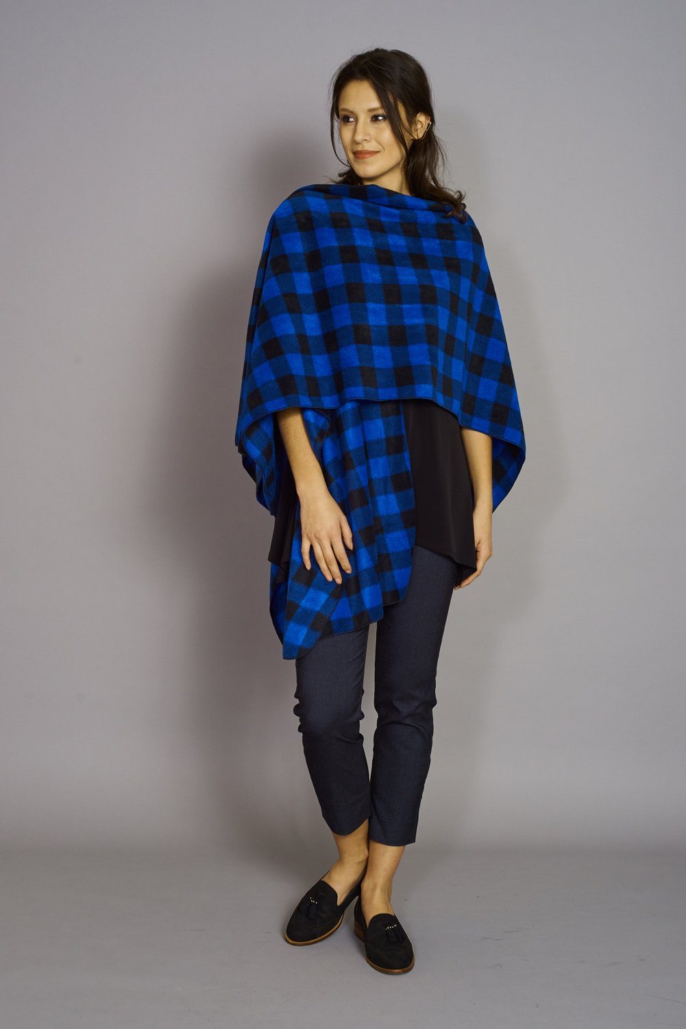 Royal Blue & Black Buffalo Print - Premium Mountain Fleece Cape Shawl Poncho ~ Made in Canada (Sale Price: $76.50 CAD)