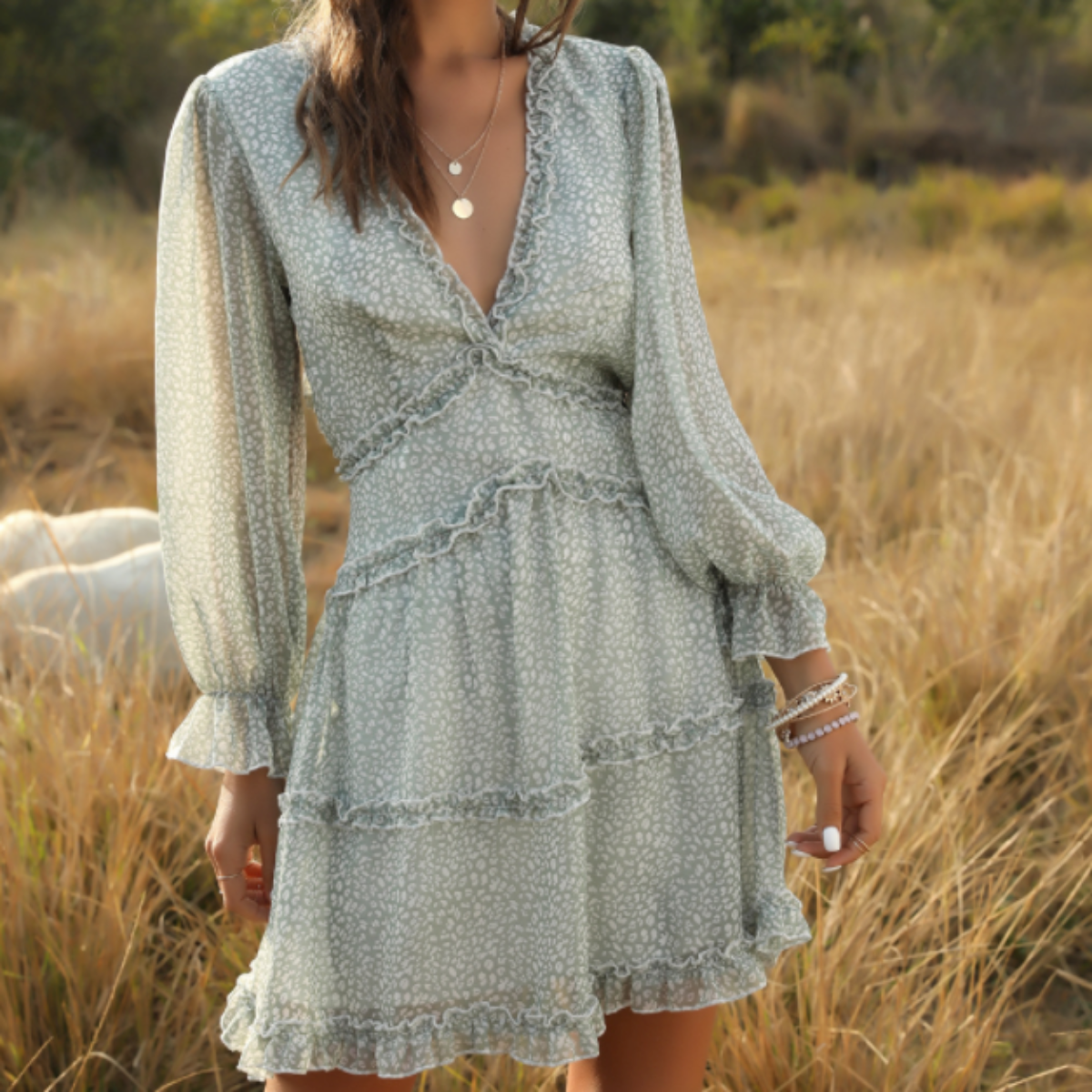 Flowy V-Neck Chiffon Ruffle Dress with Backless Design | White/Pink/Green/Blue