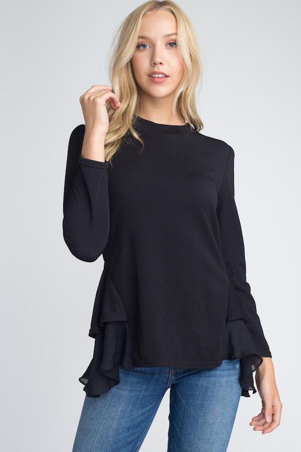 Women's Long Sleeve Ruffle Top (White or Black)