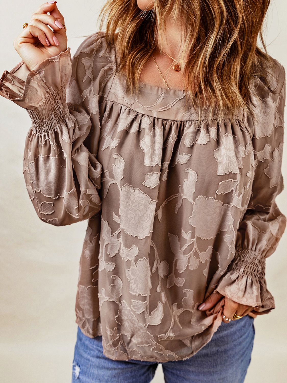 Applique Square Neck Flounce Sleeve Blouse (Sizes: S-2XL) (3 colours) (Sale Price: $70.55 CAD)