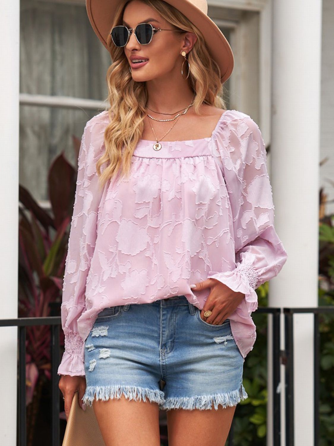 Applique Square Neck Flounce Sleeve Blouse (Sizes: S-2XL) (3 colours) (Sale Price: $70.55 CAD)