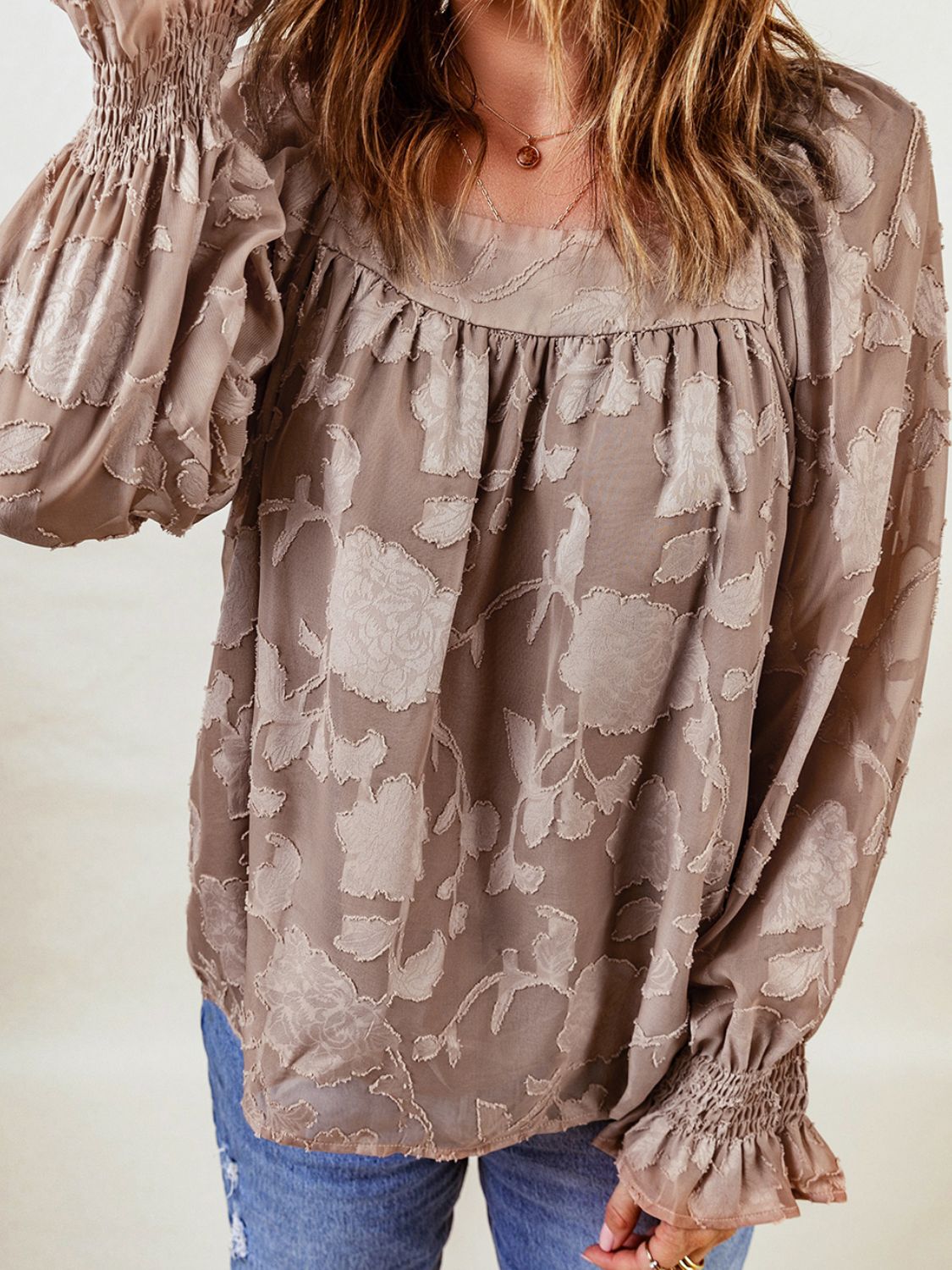 Applique Square Neck Flounce Sleeve Blouse (Sizes: S-2XL) (3 colours) (Sale Price: $70.55 CAD)