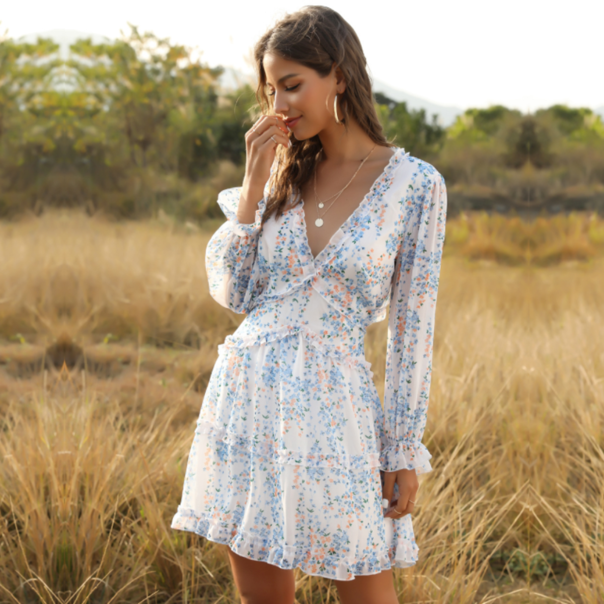 Flowy V-Neck Chiffon Ruffle Dress with Backless Design | White/Pink/Green/Blue
