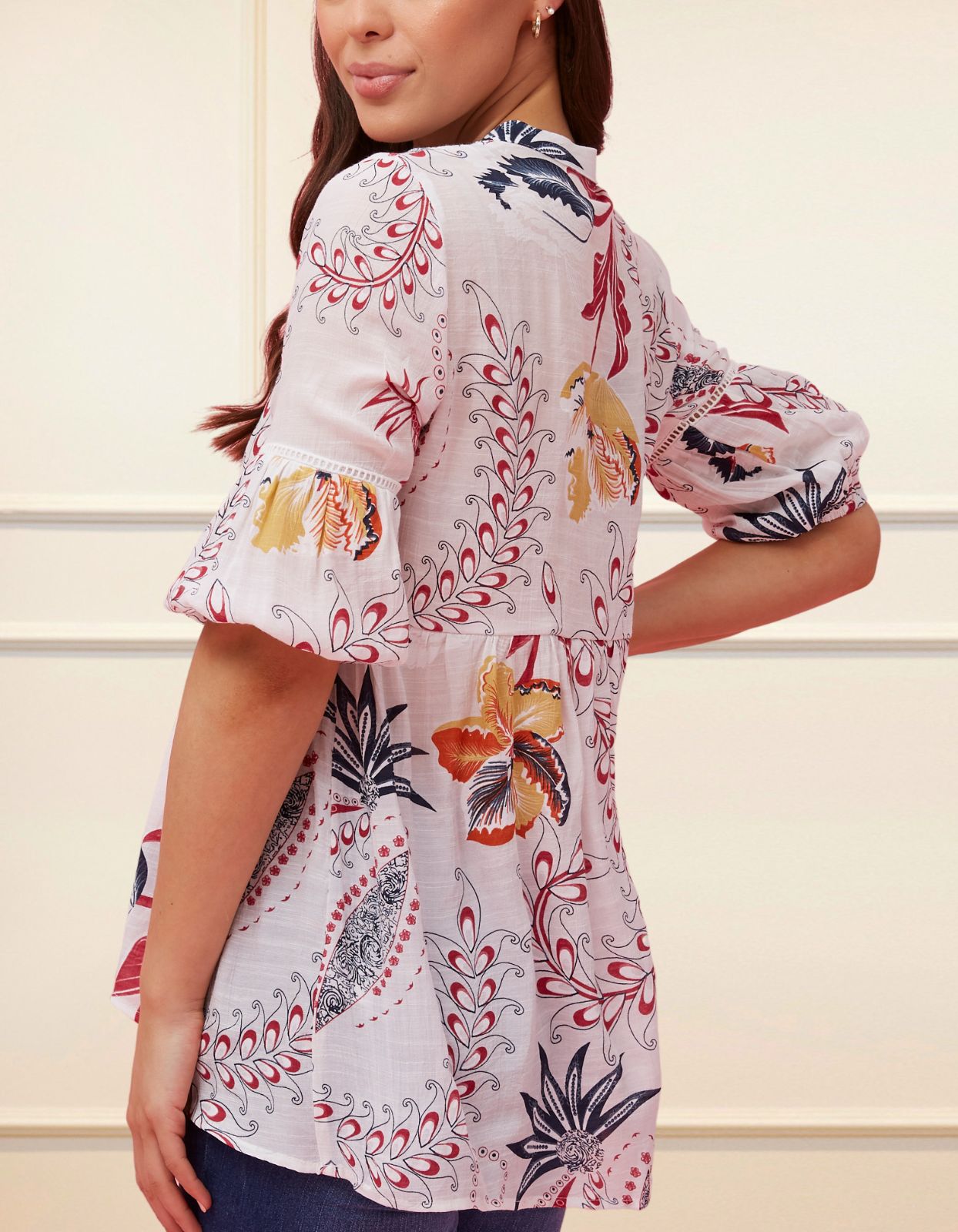 Alba Blouse Empire Waist Plant Print White