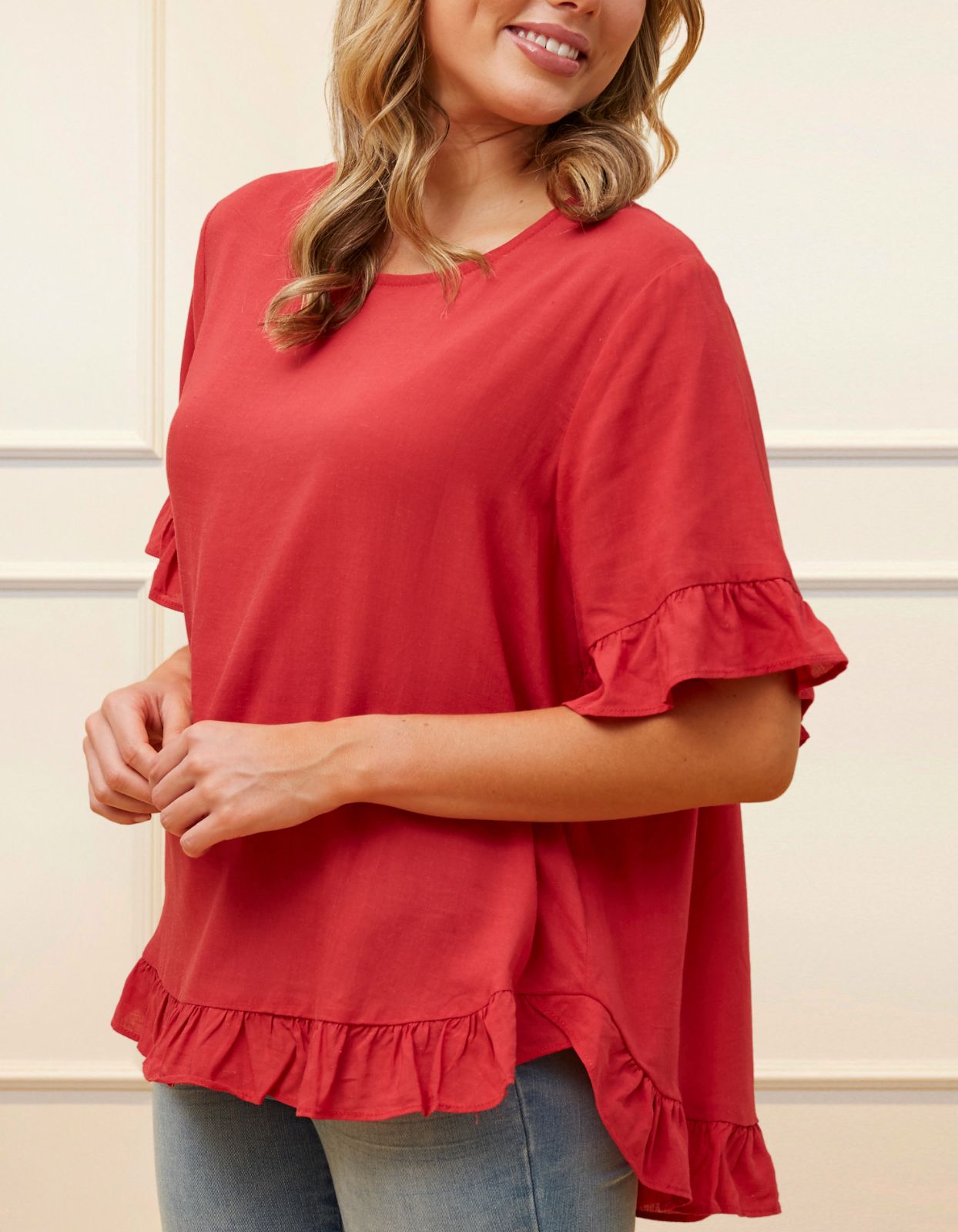 Mylene Top Relaxed Linen Blend Frilled High Low Hem - Viscose/Linen (Sizes: XS - 2XL) (Sale Price: $56.94 CAD)