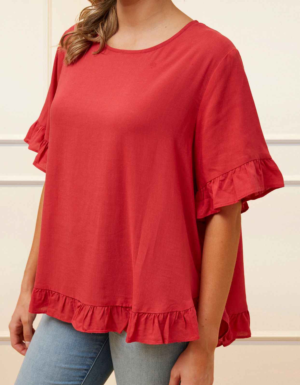 Mylene Top Relaxed Linen Blend Frilled High Low Hem - Viscose/Linen (Sizes: XS - 2XL) (Sale Price: $56.94 CAD)