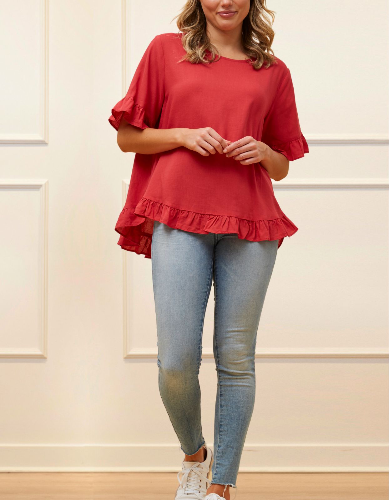 Mylene Top Relaxed Linen Blend Frilled High Low Hem - Viscose/Linen (Sizes: XS - 2XL) (Sale Price: $56.94 CAD)