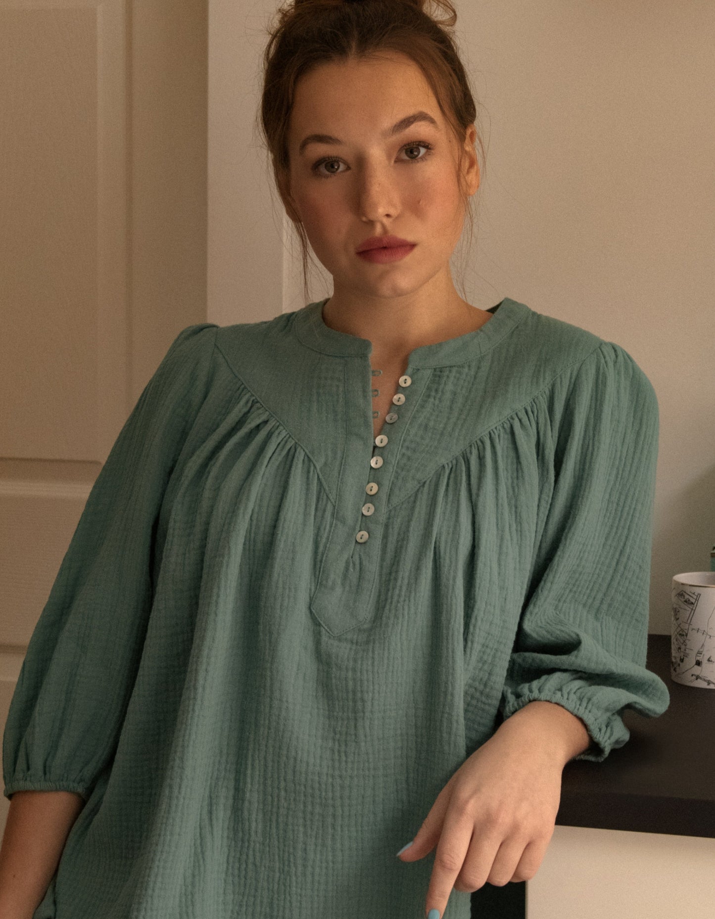 Hilone Blouse Cotton Gauze Lantern Sleeves (Sale Price: $64.59 CAD)
