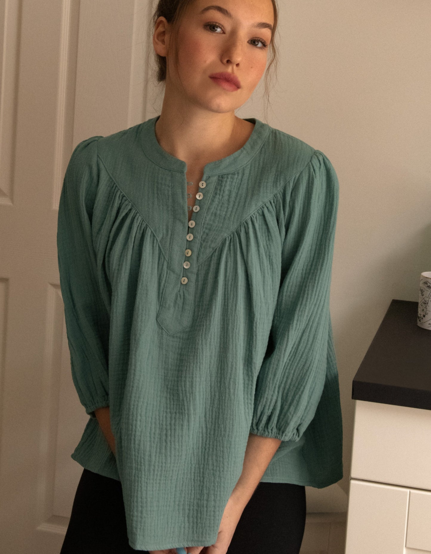 Hilone Blouse Cotton Gauze Lantern Sleeves (Sale Price: $64.59 CAD)