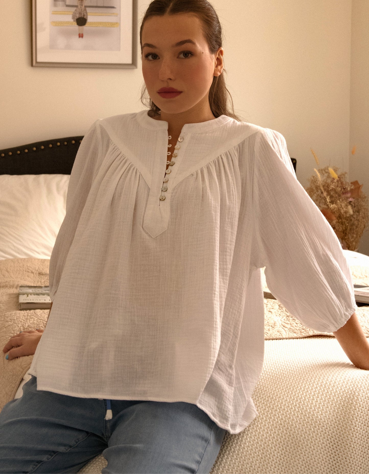 Hilone Blouse Cotton Gauze Lantern Sleeves (Sale Price: $64.59 CAD)