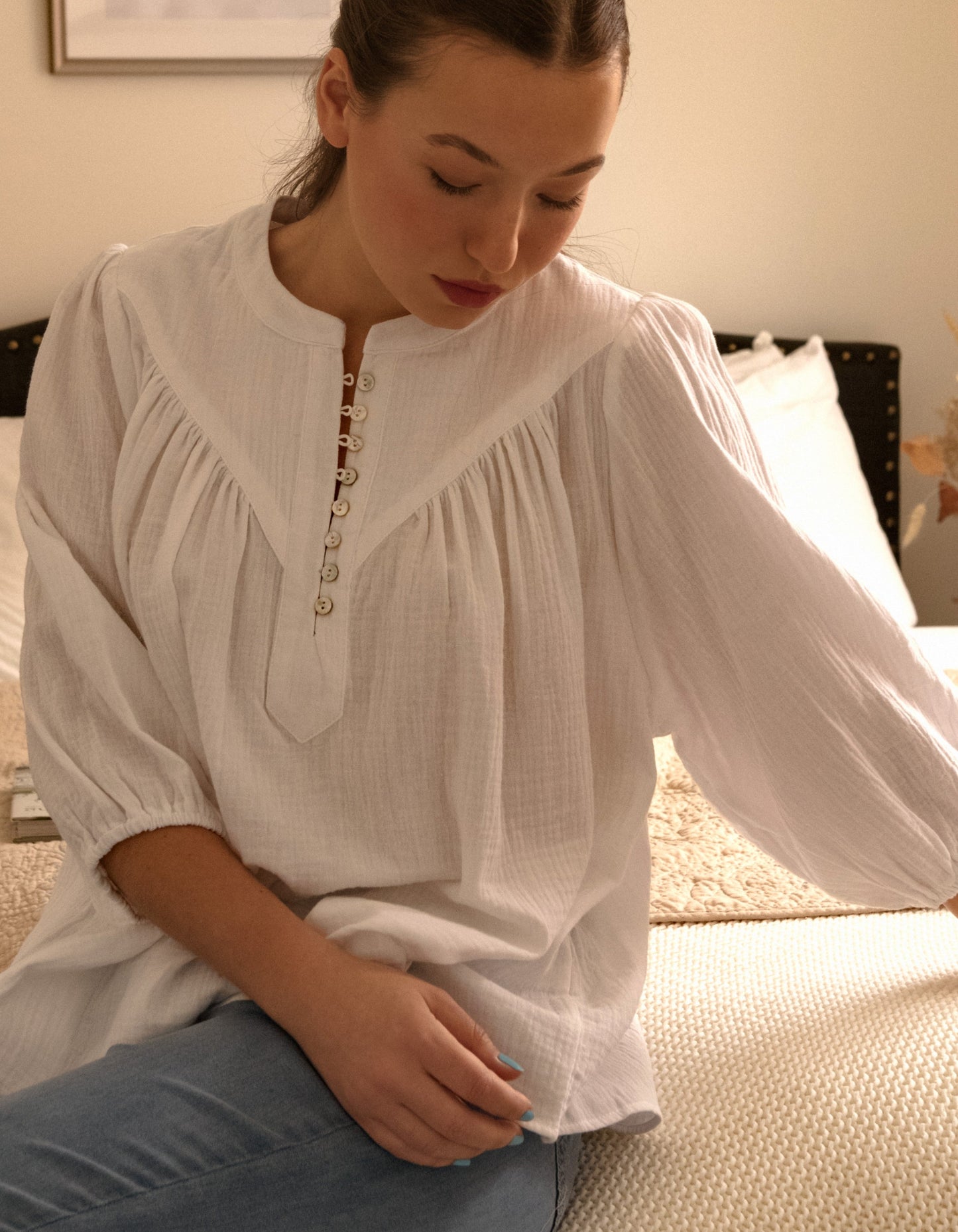 Hilone Blouse Cotton Gauze Lantern Sleeves (Sale Price: $64.59 CAD)