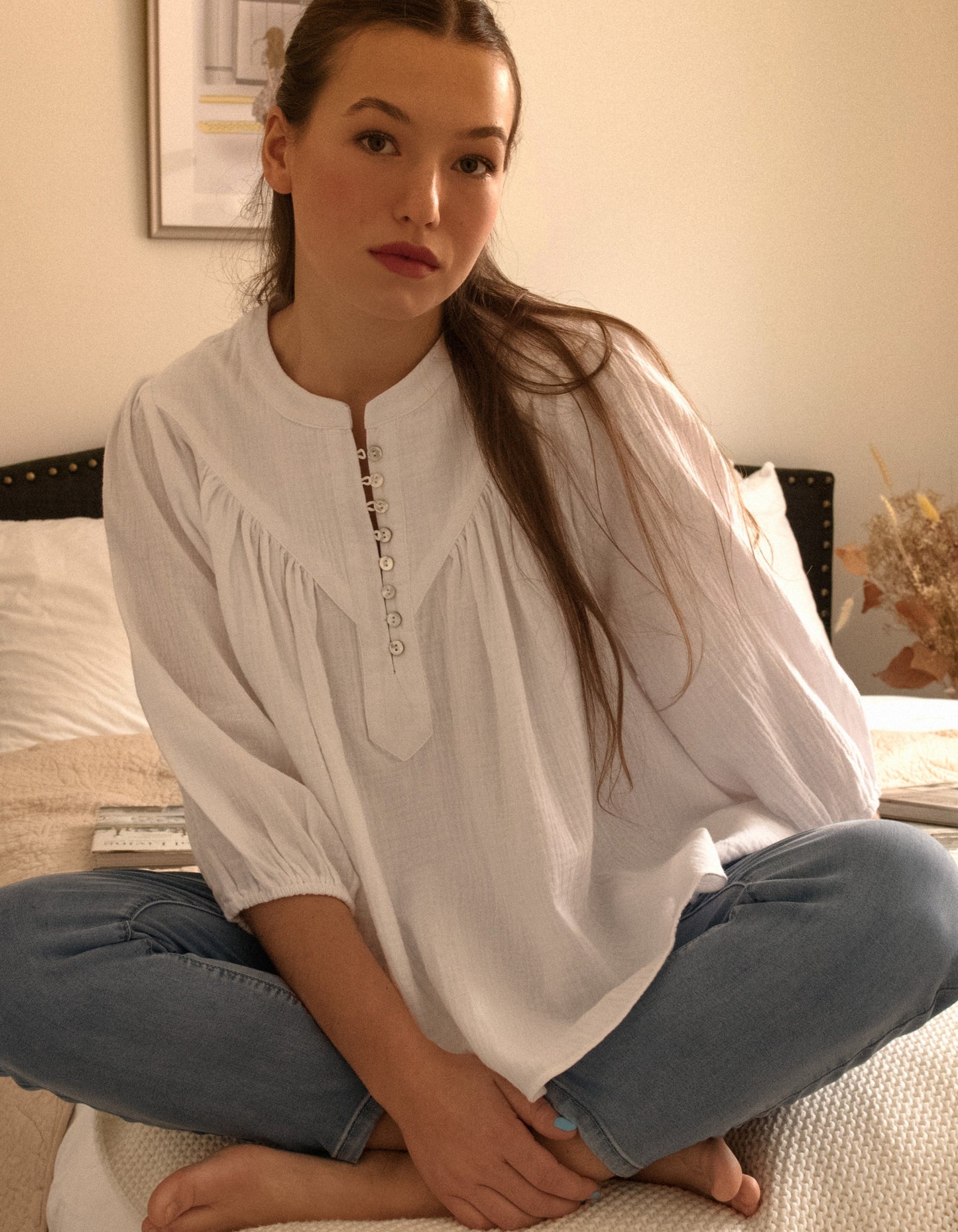 Hilone Blouse Cotton Gauze Lantern Sleeves (Sale Price: $64.59 CAD)