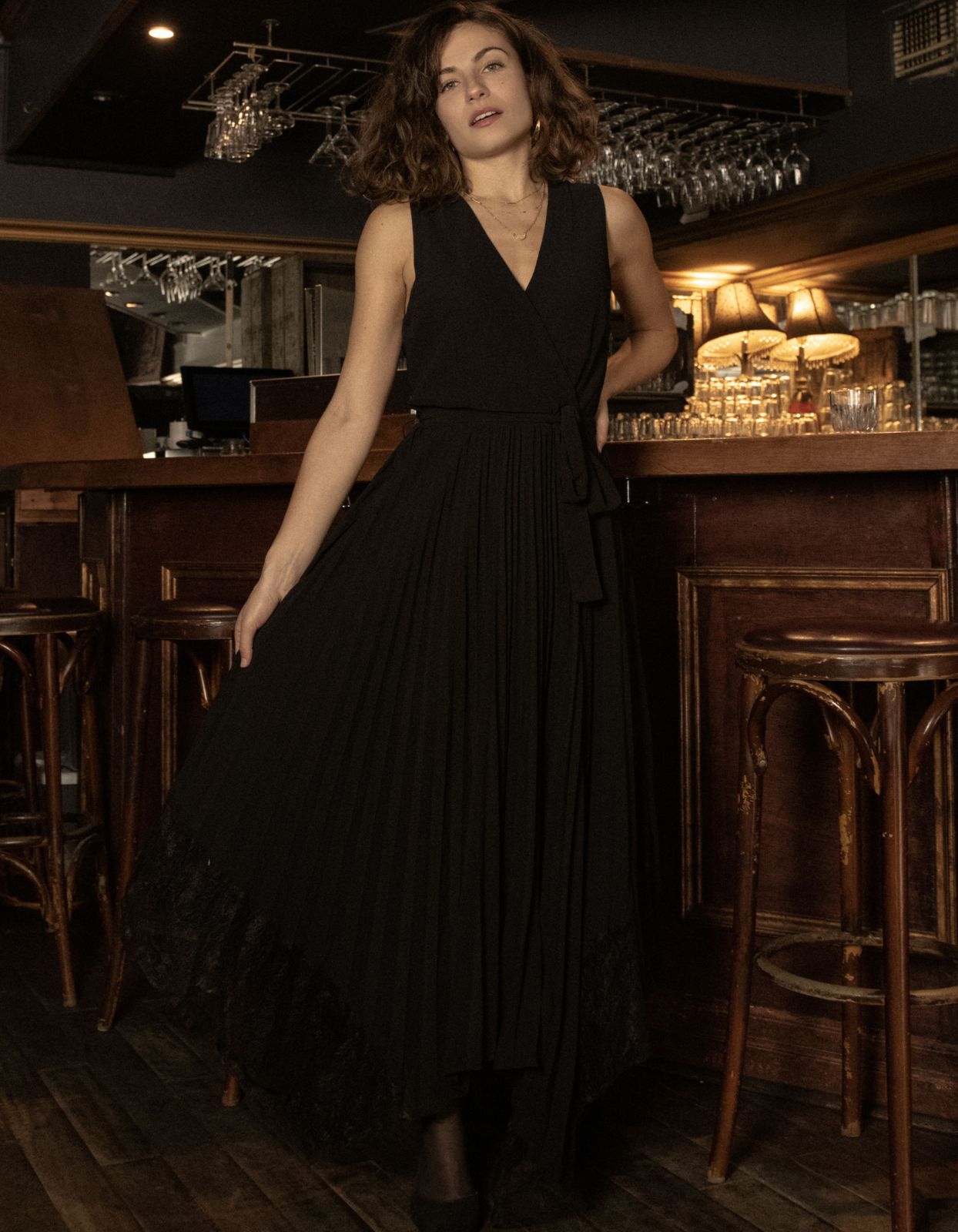 Callie Maxi Dress Crossover Pleated Skirt Lace