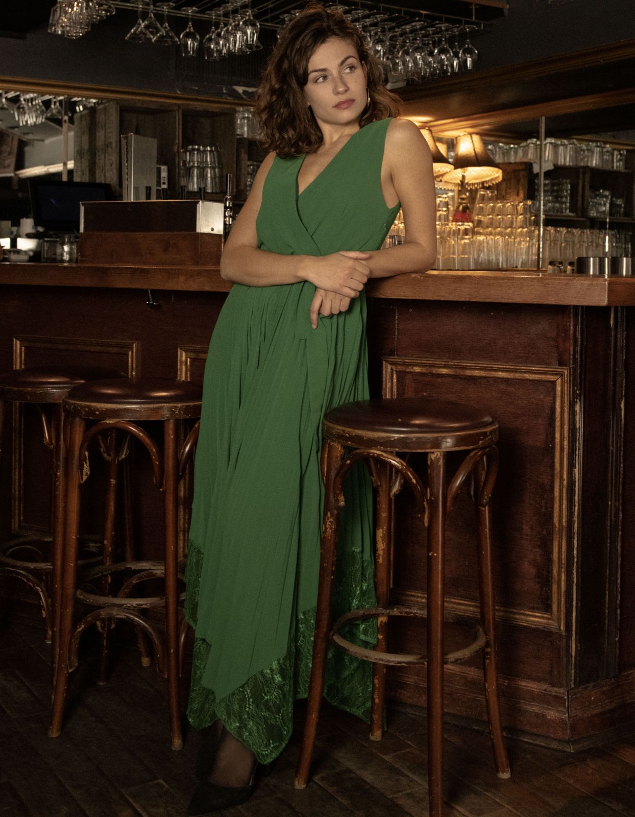 Callie Maxi Dress Crossover Pleated Skirt Lace
