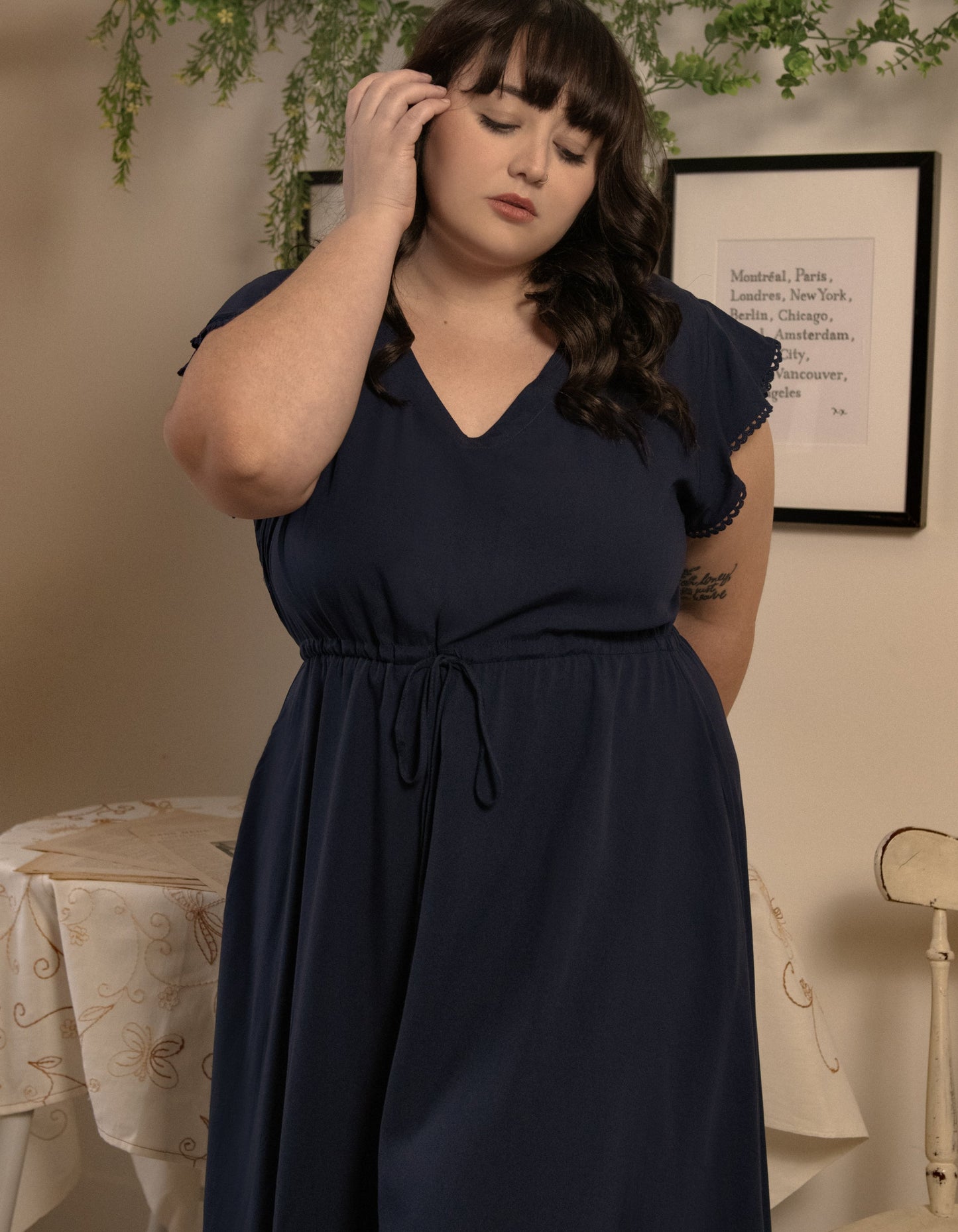 Charlie Midi Dress Short Sleeves Lace Trim (Sizes: S-1X)