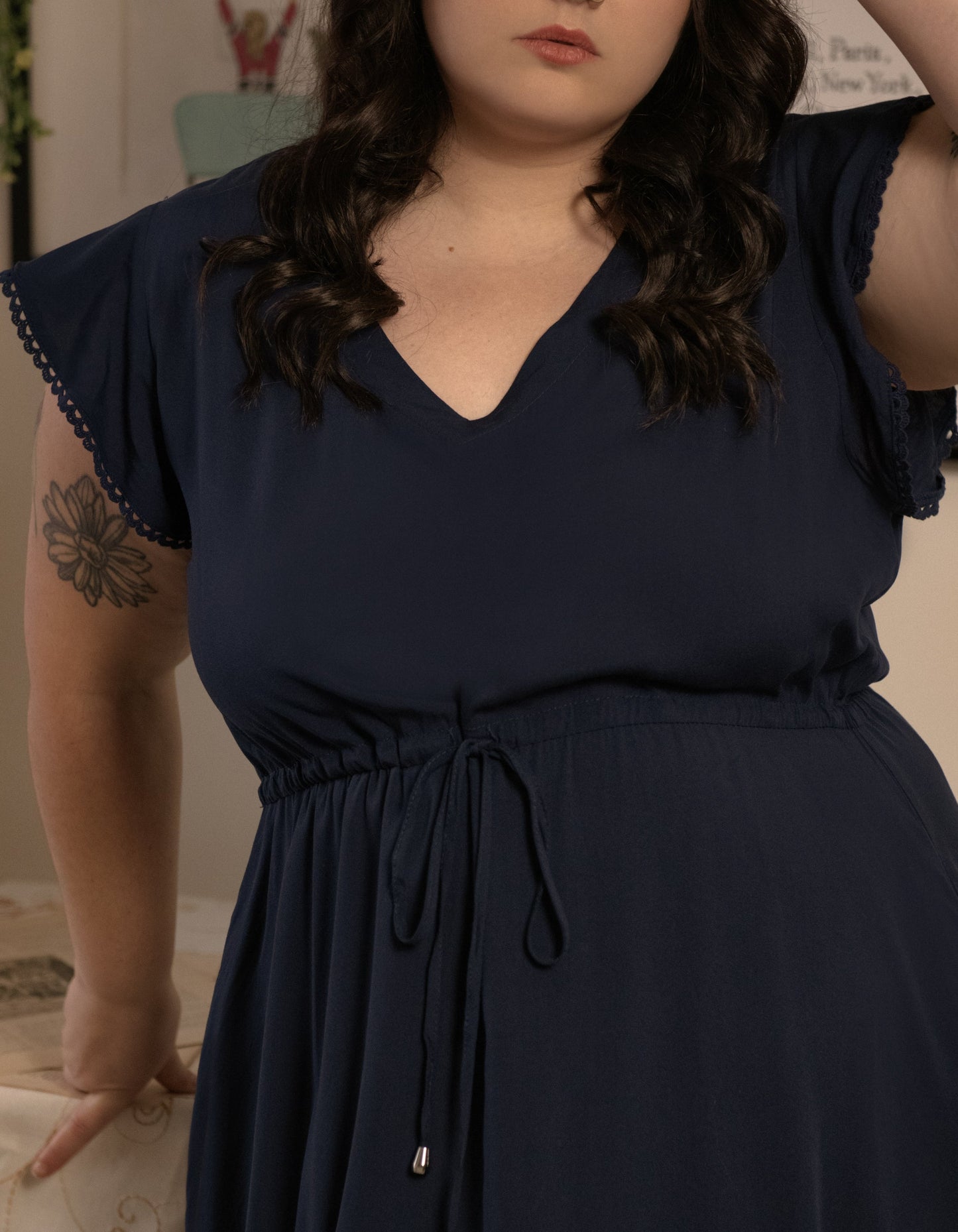 Charlie Midi Dress Short Sleeves Lace Trim (Sizes: S-1X)