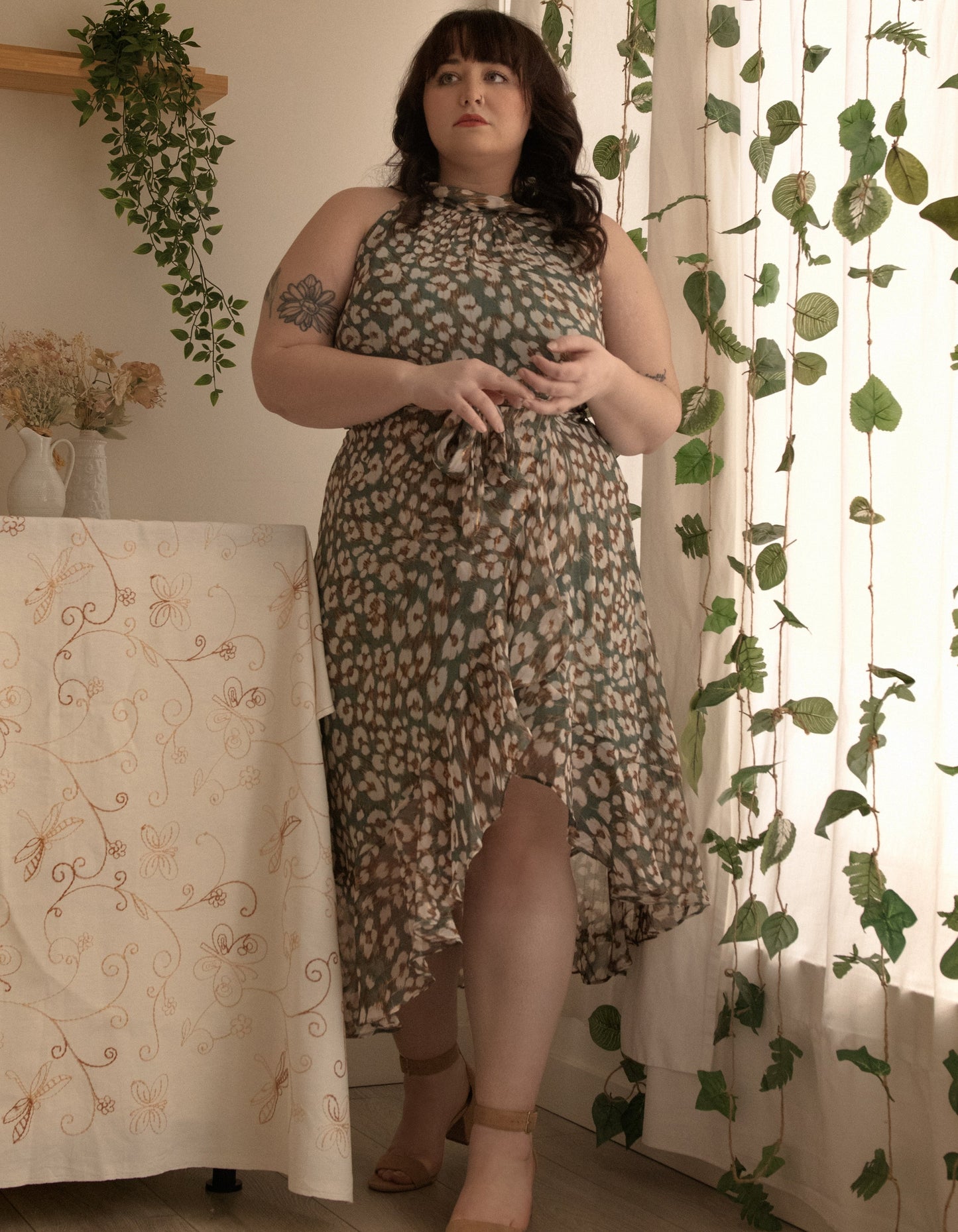 Clemence Midi Dress Asymmetrical Faux Wrap Halter Dress (Georgette fabric) (Sizes: S-1X) (Sale Price: $103.70 CAD)