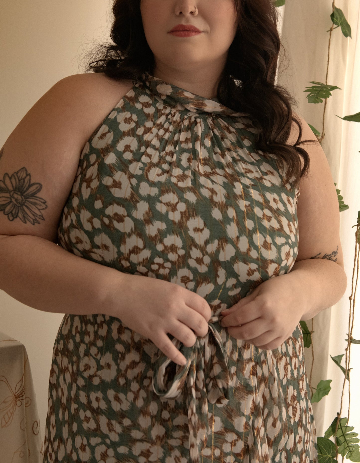Clemence Midi Dress Asymmetrical Faux Wrap Halter Dress (Georgette fabric) (Sizes: S-1X) (Sale Price: $103.70 CAD)