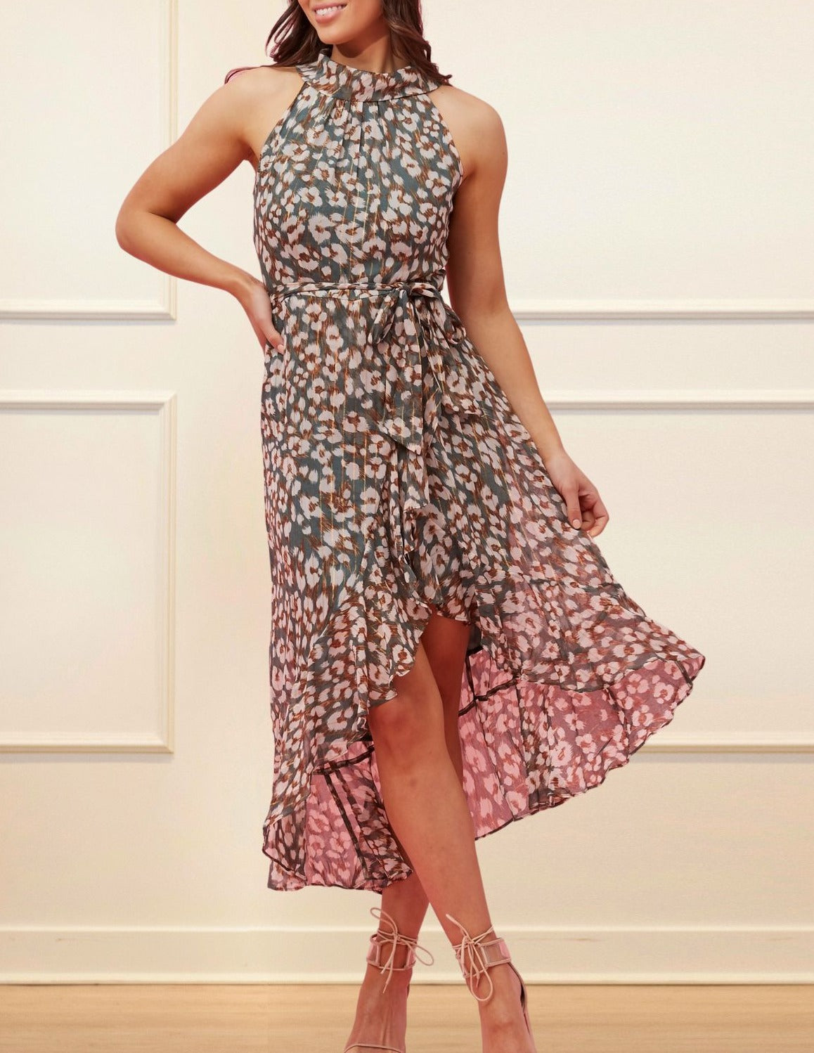 Clemence Midi Dress Asymmetrical Faux Wrap Halter Dress (Georgette fabric) (Sizes: S-1X) (Sale Price: $103.70 CAD)