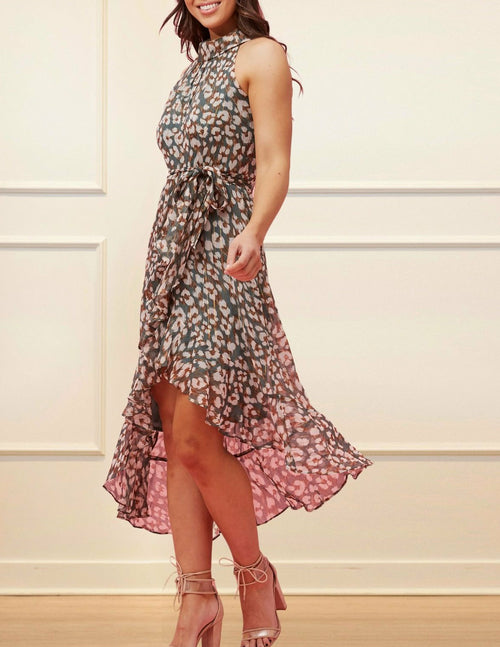 Clemence Midi Dress Asymmetrical Faux Wrap Halter Dress (Georgette fabric) (Sizes: S-1X) (Sale Price: $103.70 CAD)