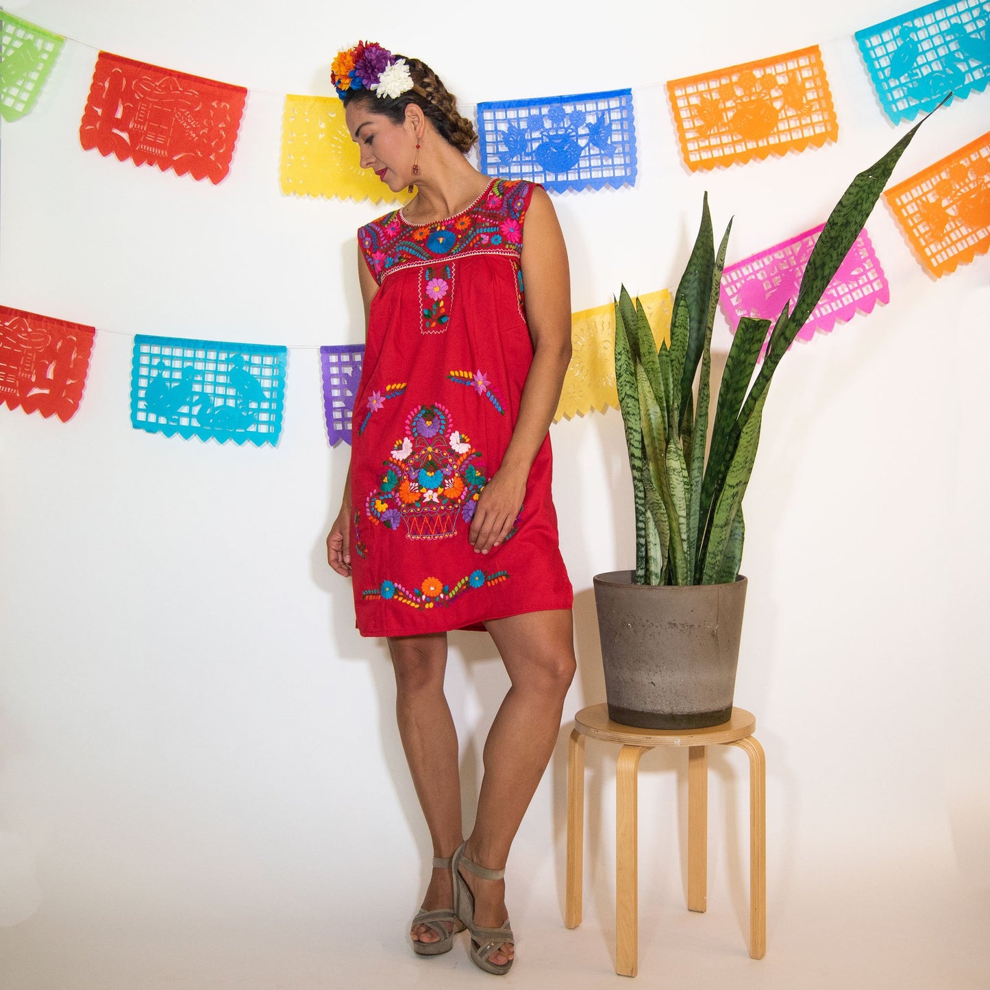 Red Mexican Dress with Hand Embroidered Flowers (Sale Price: $69.69 CAD)