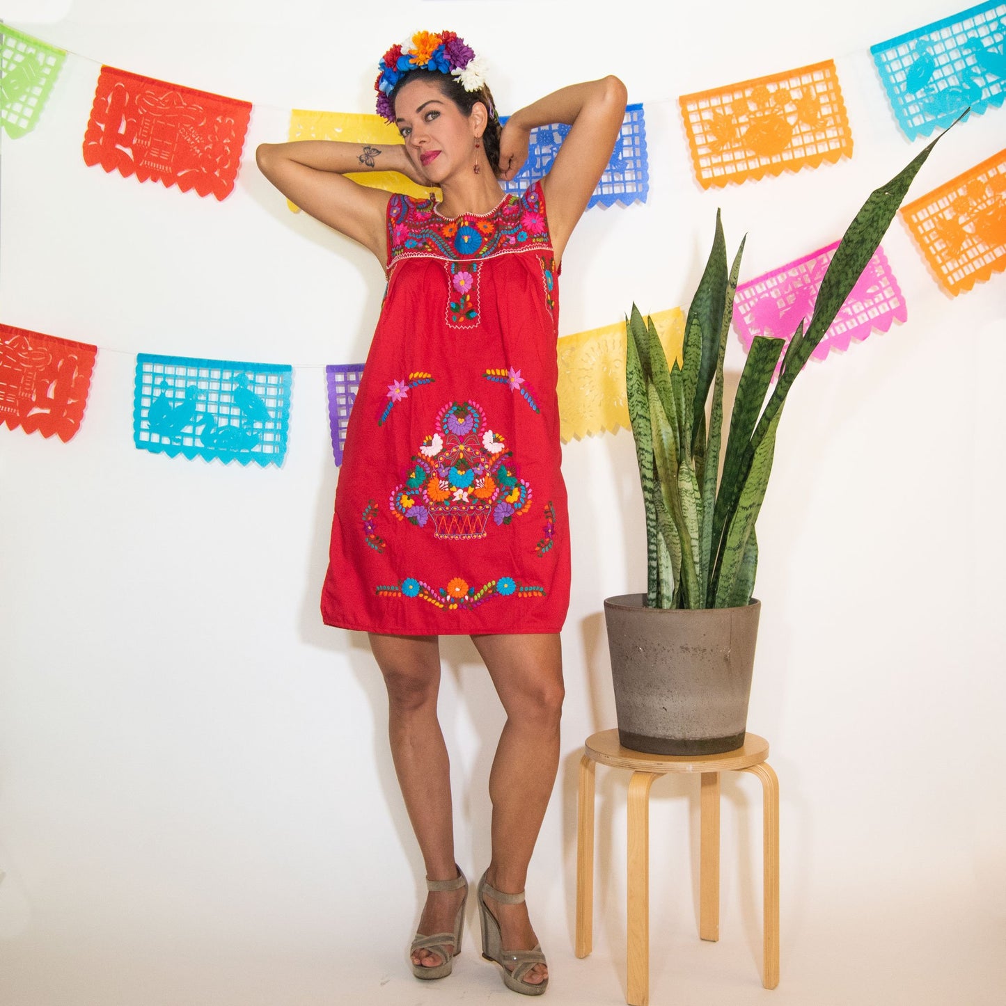Red Mexican Dress with Hand Embroidered Flowers (Sale Price: $69.69 CAD)