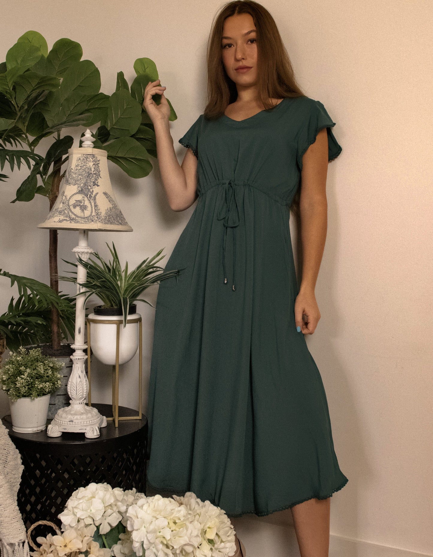 Charlie Midi Dress Short Sleeves Lace Trim (Sizes: S-1X)