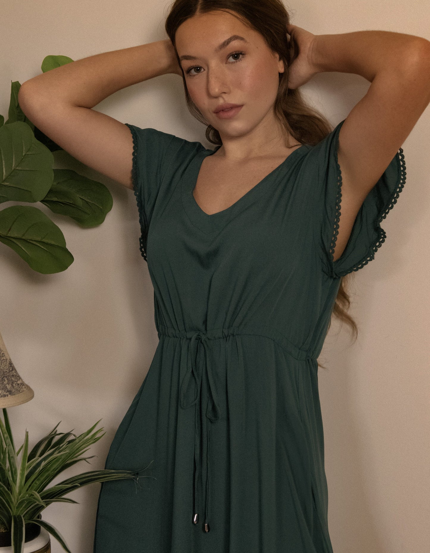 Charlie Midi Dress Short Sleeves Lace Trim (Sizes: S-1X)