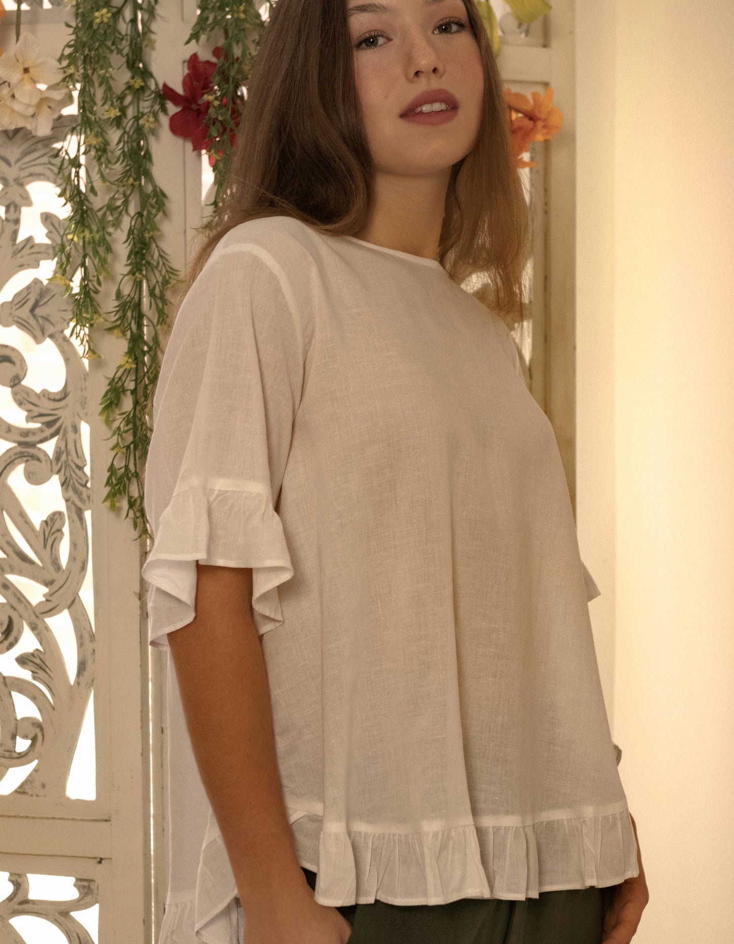 Mylene Top Relaxed Linen Blend Frilled High Low Hem - Viscose/Linen (Sizes: XS - 2XL) (Sale Price: $56.94 CAD)