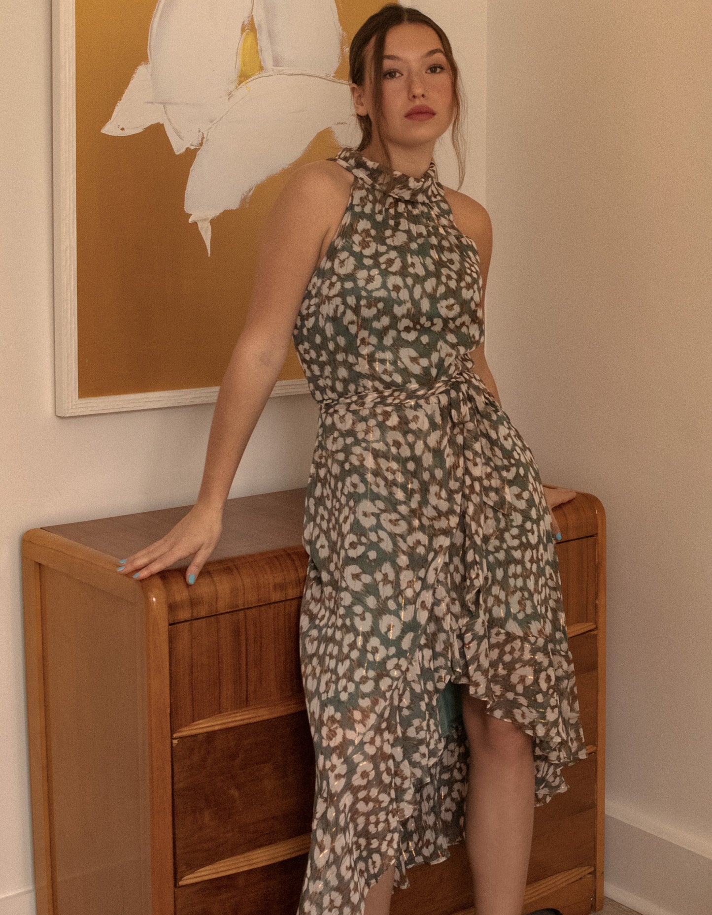 Clemence Midi Dress Asymmetrical Faux Wrap Halter Dress (Georgette fabric) (Sizes: S-1X) (Sale Price: $103.70 CAD)
