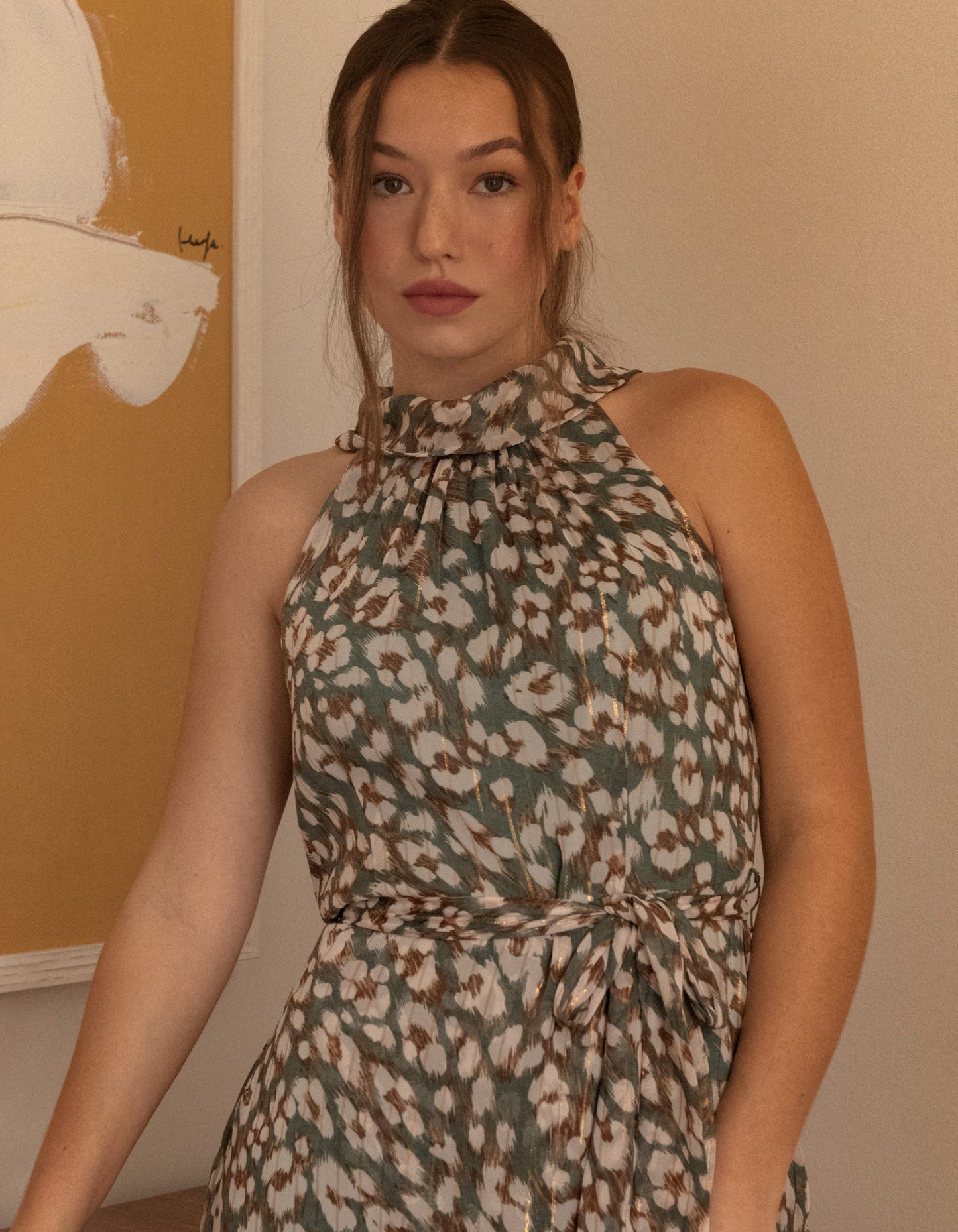 Clemence Midi Dress Asymmetrical Faux Wrap Halter Dress (Georgette fabric) (Sizes: S-1X) (Sale Price: $103.70 CAD)
