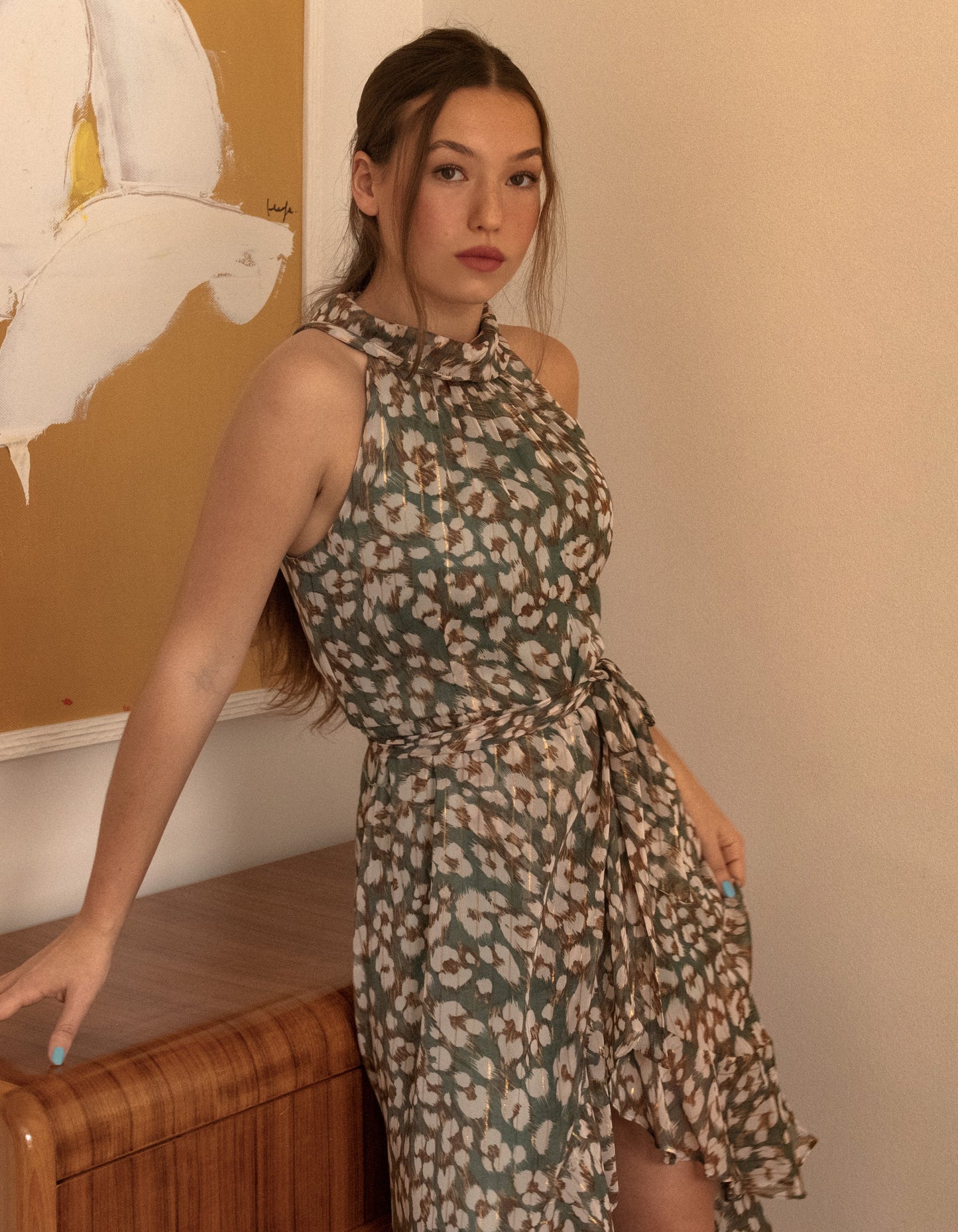 Clemence Midi Dress Asymmetrical Faux Wrap Halter Dress (Georgette fabric) (Sizes: S-1X) (Sale Price: $103.70 CAD)