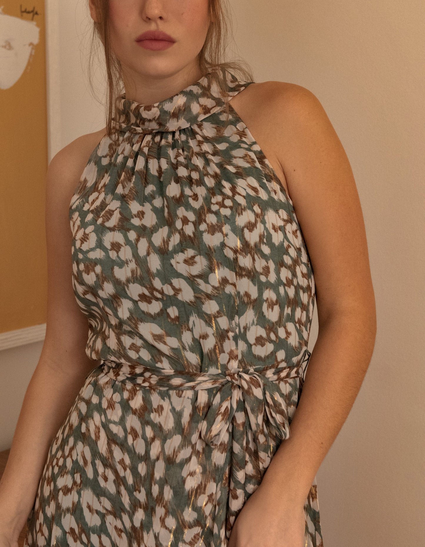 Clemence Midi Dress Asymmetrical Faux Wrap Halter Dress (Georgette fabric) (Sizes: S-1X) (Sale Price: $103.70 CAD)