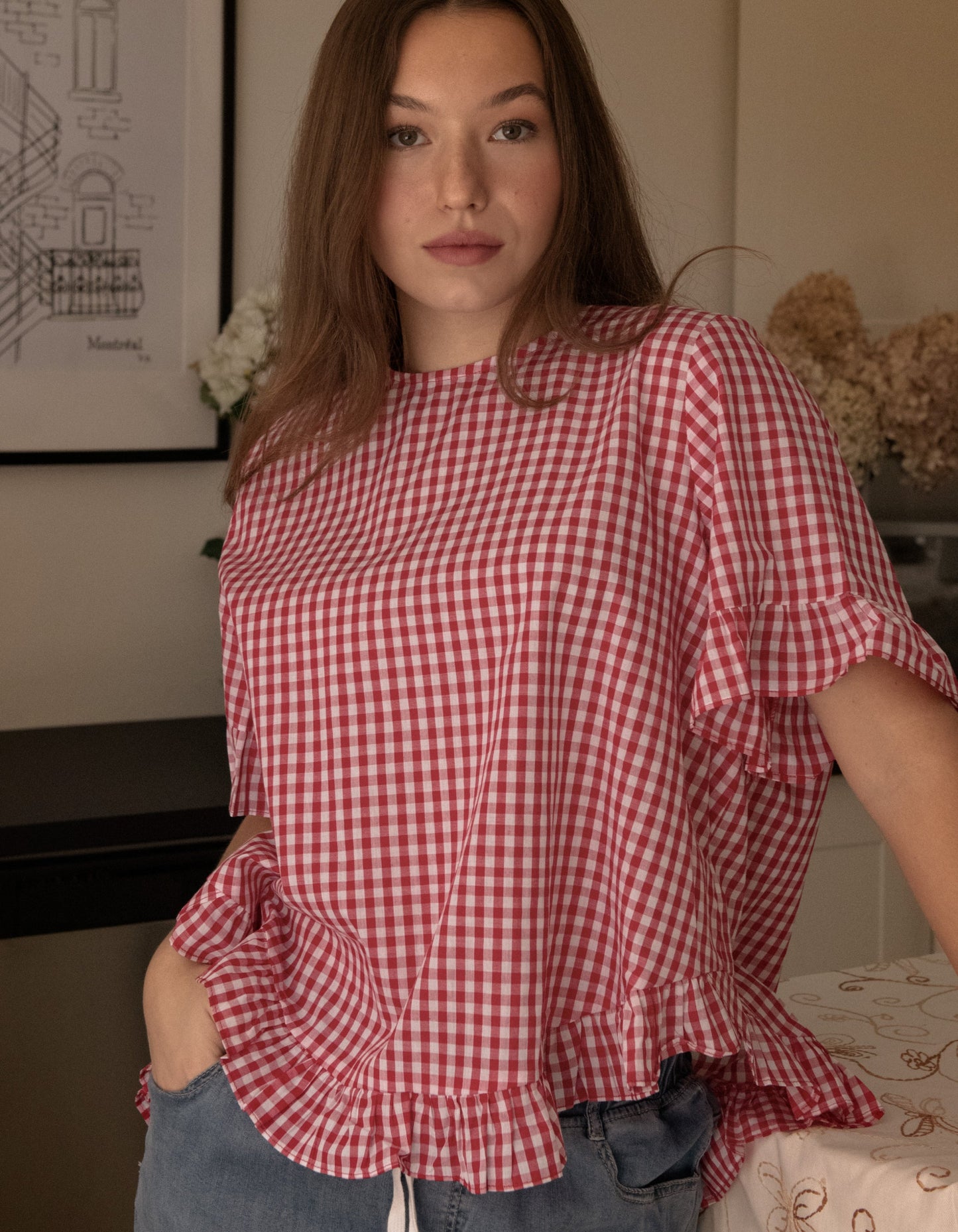 Dominique Blouse Gingham Frills Hi-Low