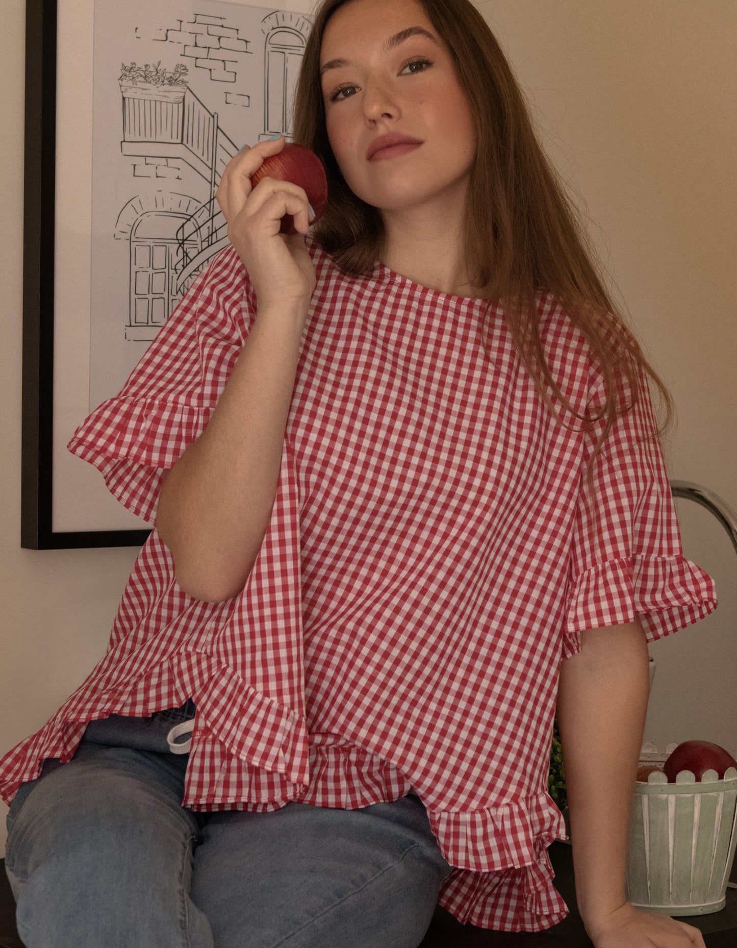 Dominique Blouse Gingham Frills Hi-Low