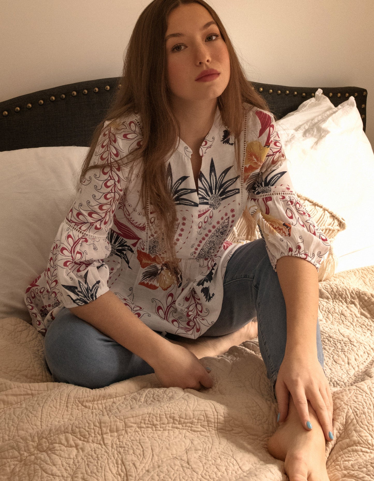 Alba Blouse Empire Waist Plant Print White