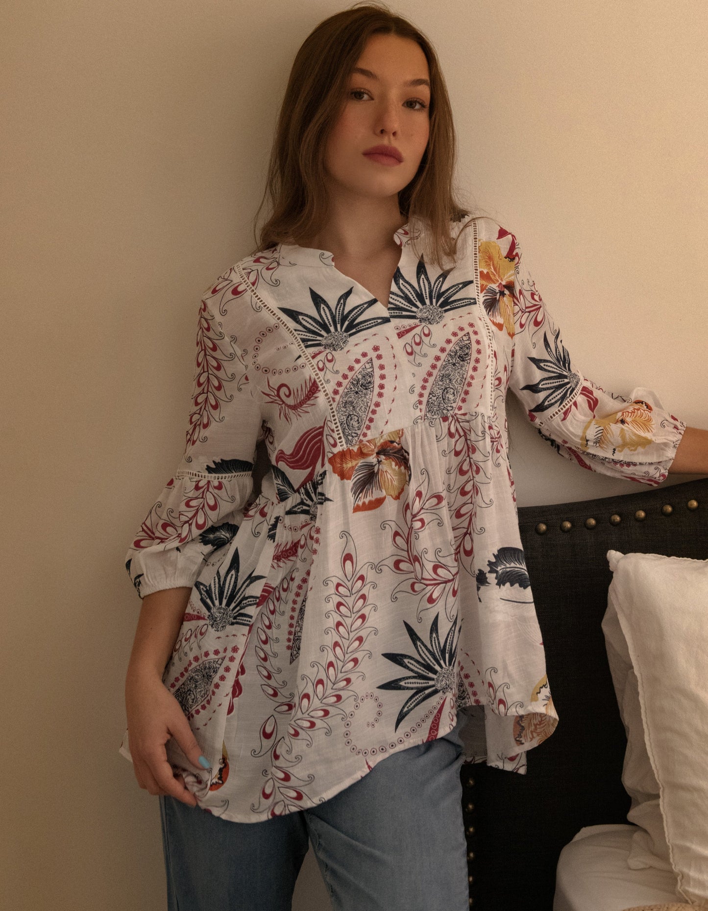 Alba Blouse Empire Waist Plant Print White