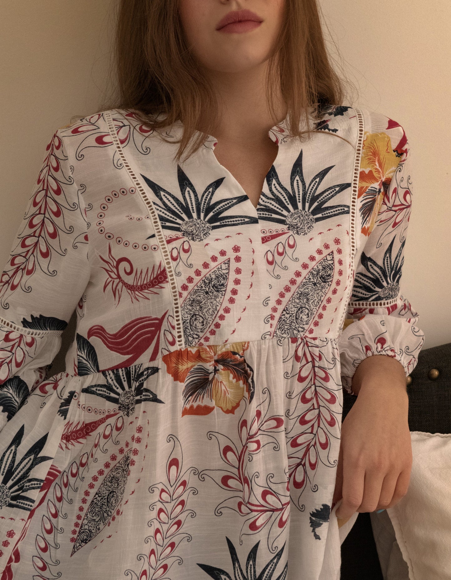 Alba Blouse Empire Waist Plant Print White