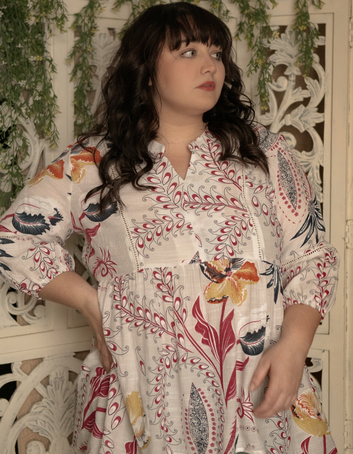 Alba Blouse Empire Waist Plant Print White