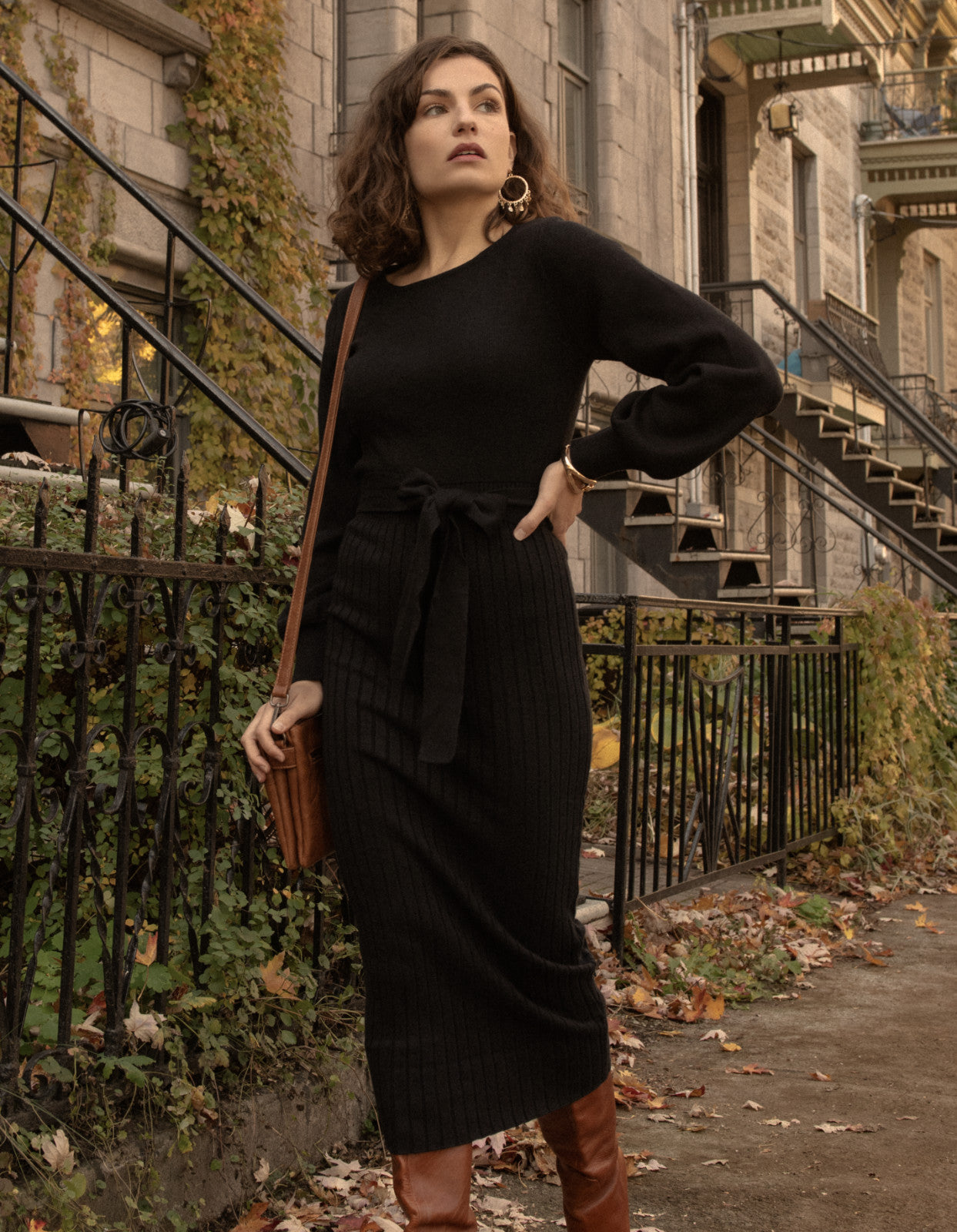 Paloma Midi Dress Ribbed Belted Puff Sleeves (Sale Price: $43.88 CAD)