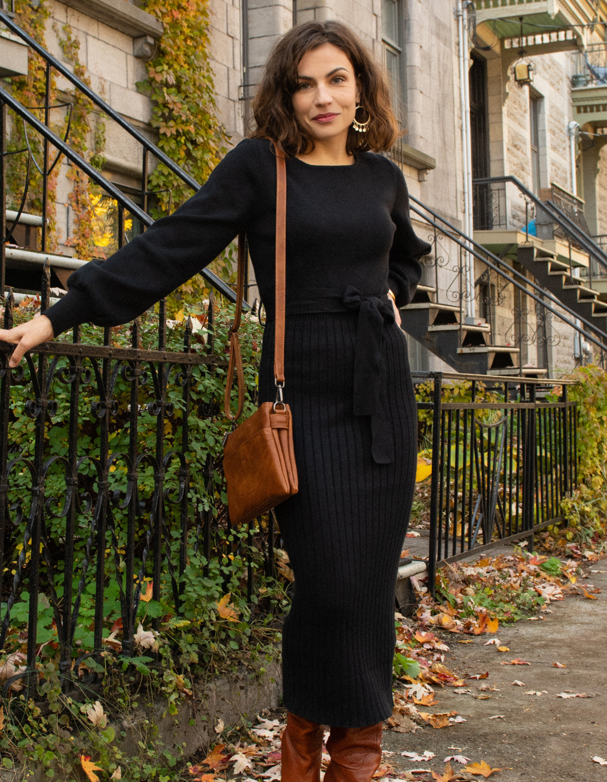 Paloma Midi Dress Ribbed Belted Puff Sleeves (Sale Price: $43.88 CAD)
