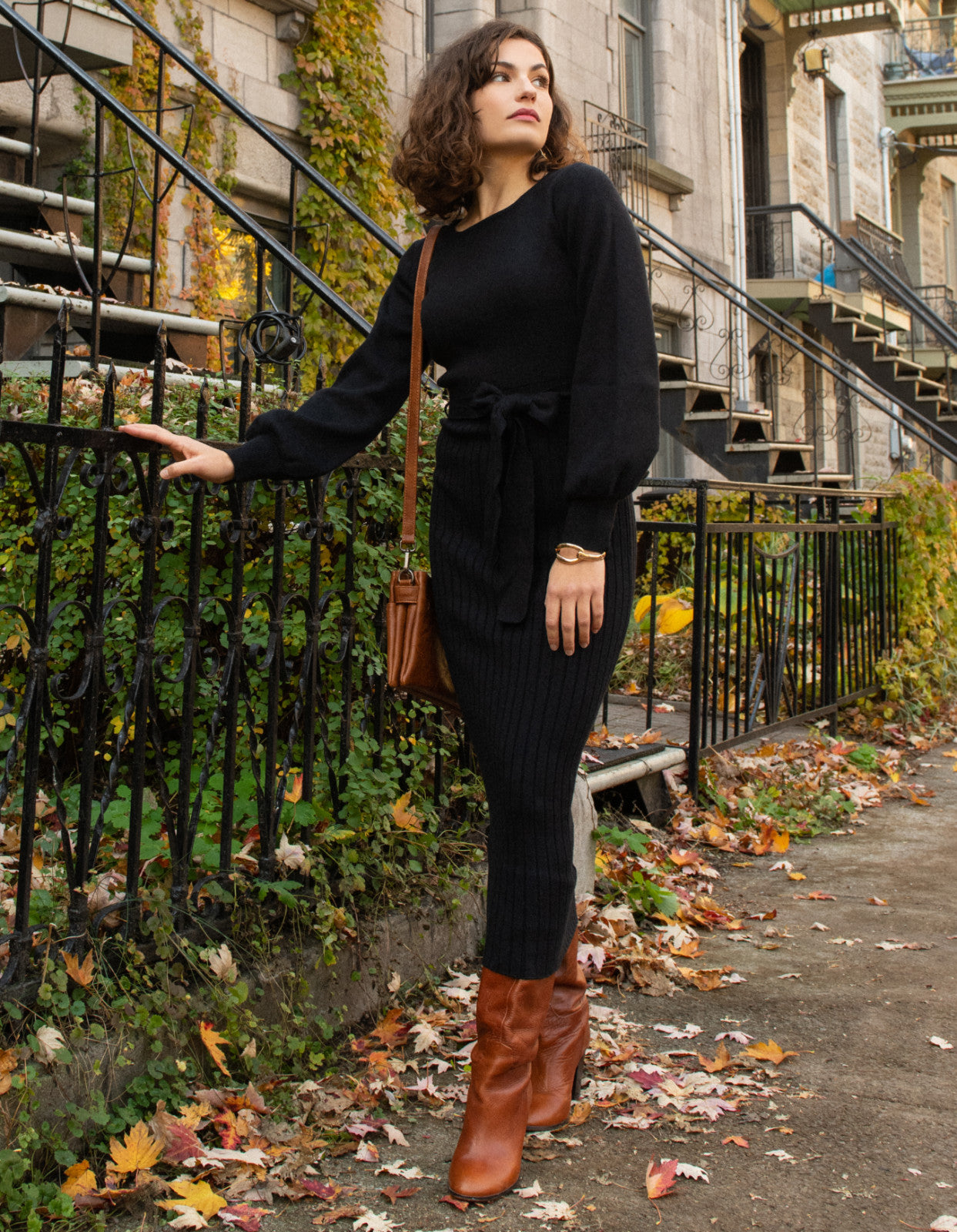 Paloma Midi Dress Ribbed Belted Puff Sleeves (Sale Price: $43.88 CAD)
