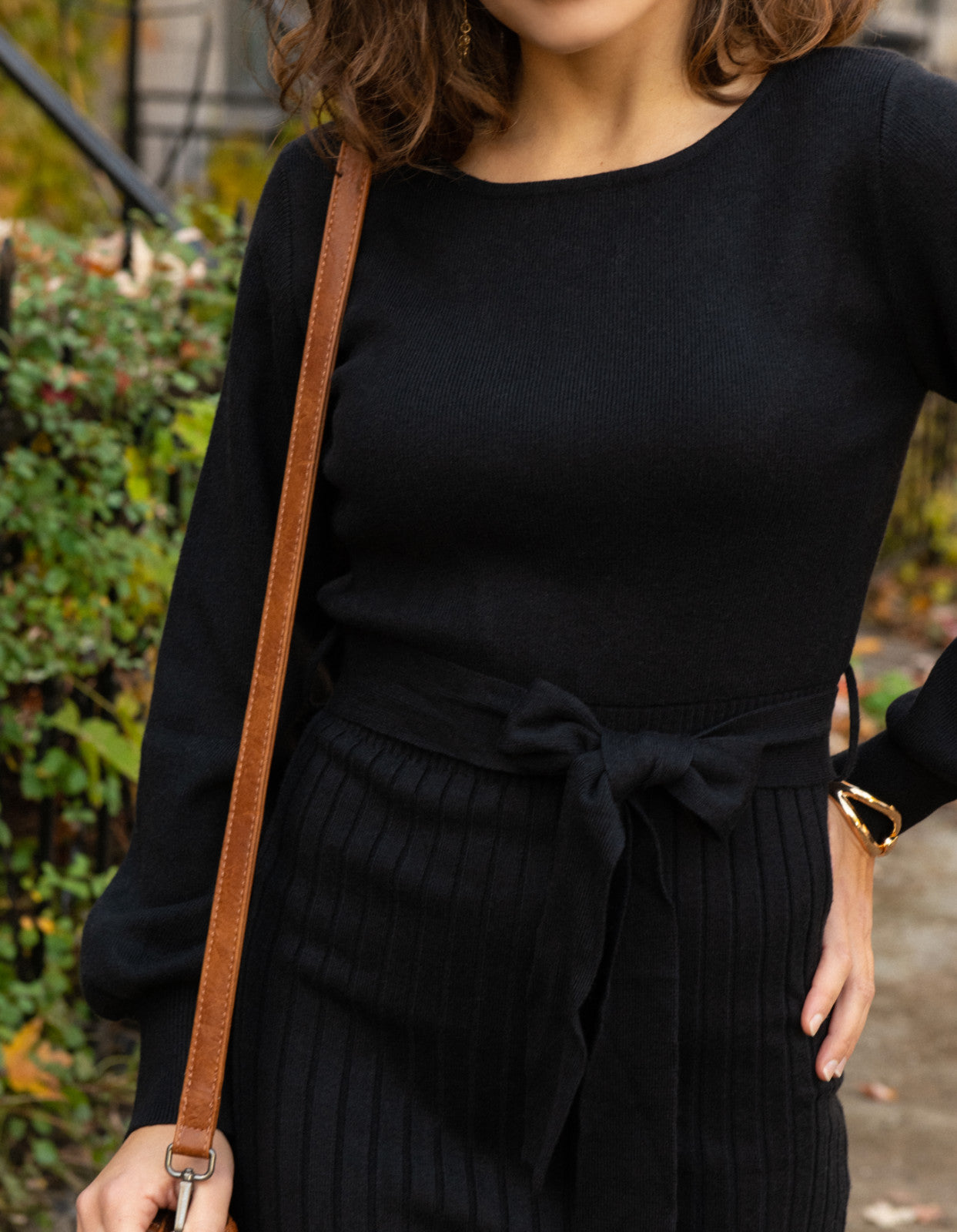 Paloma Midi Dress Ribbed Belted Puff Sleeves (Sale Price: $43.88 CAD)