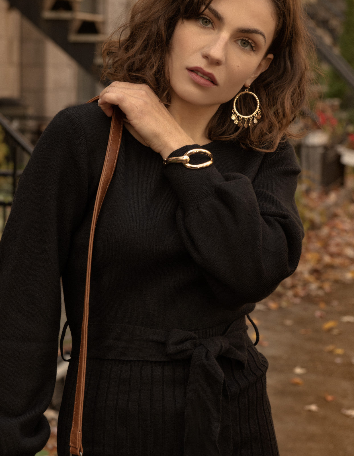 Paloma Midi Dress Ribbed Belted Puff Sleeves (Sale Price: $43.88 CAD)