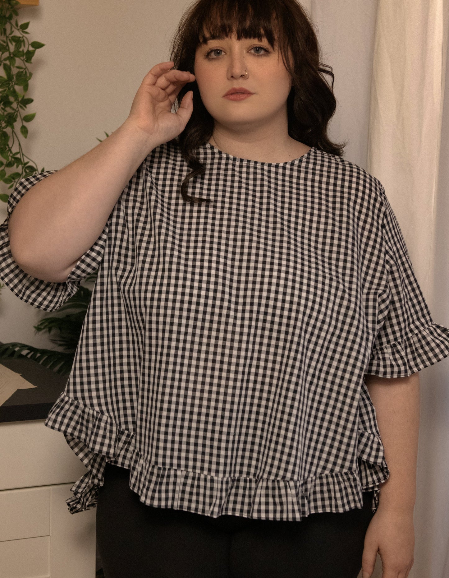 Dominique Blouse Gingham Frills Hi-Low