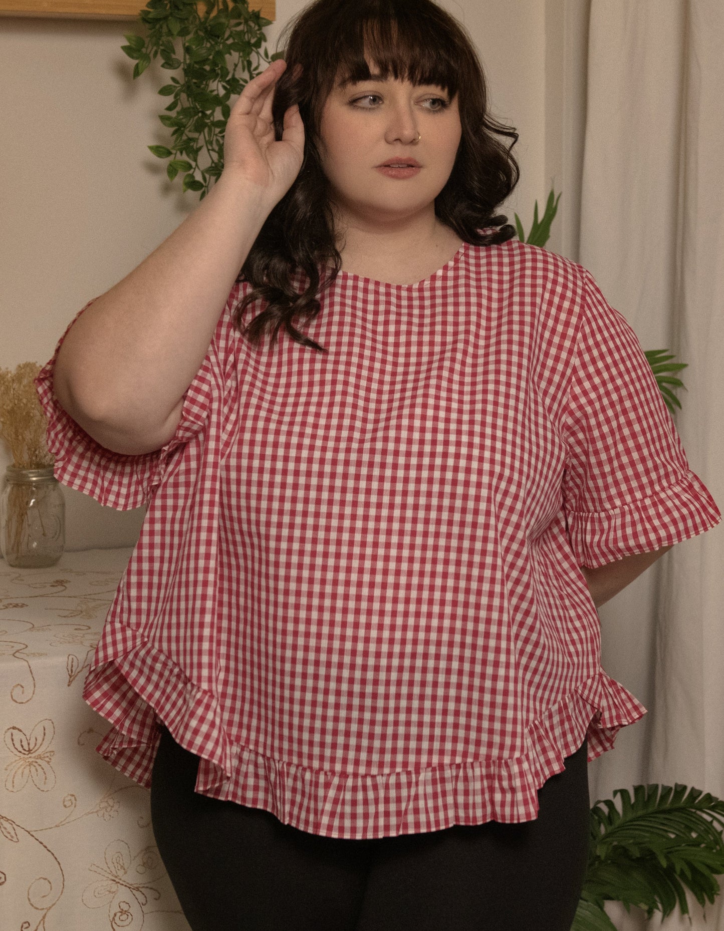 Dominique Blouse Gingham Frills Hi-Low