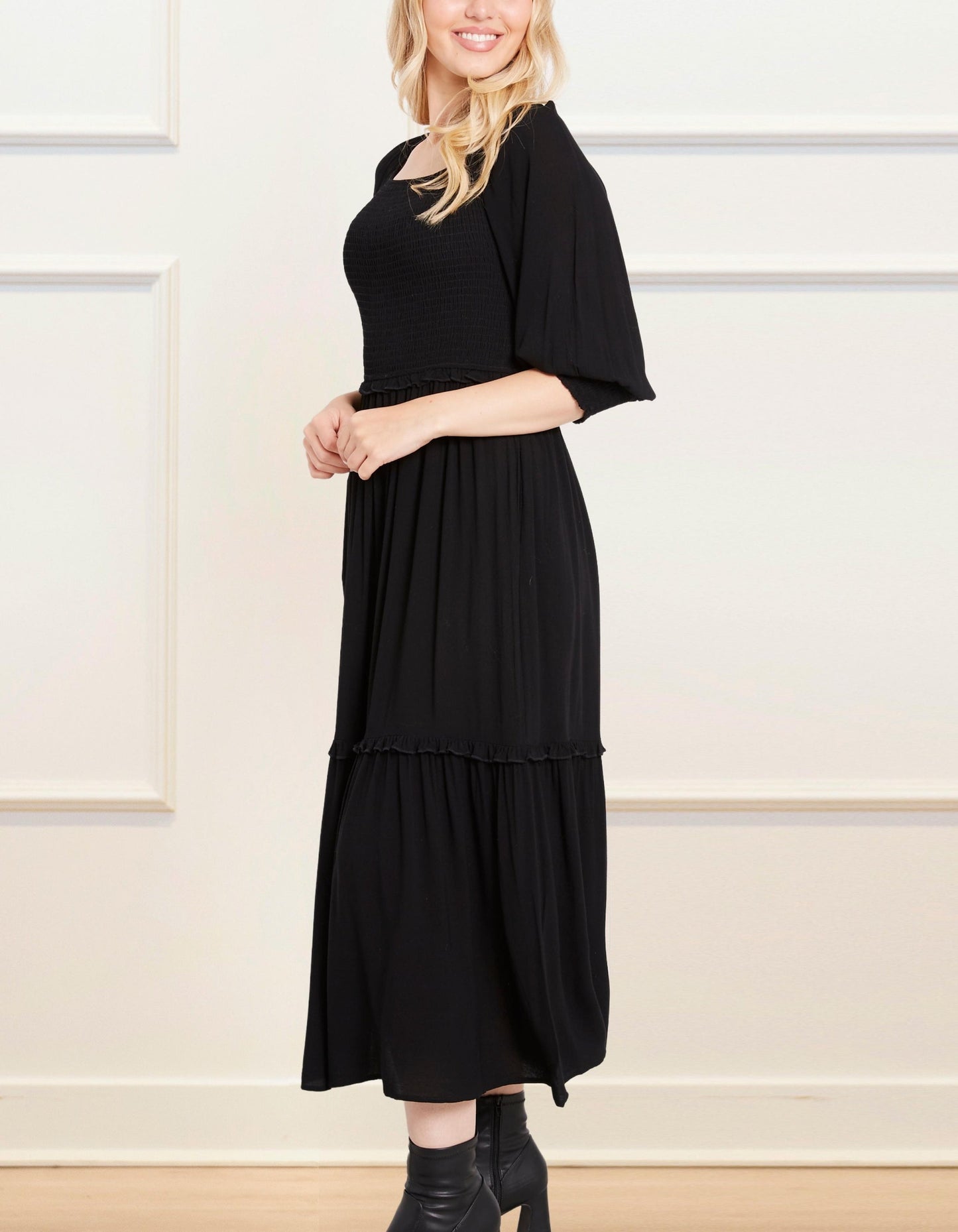 Madison Maxi Dress Tiered Elastic Black