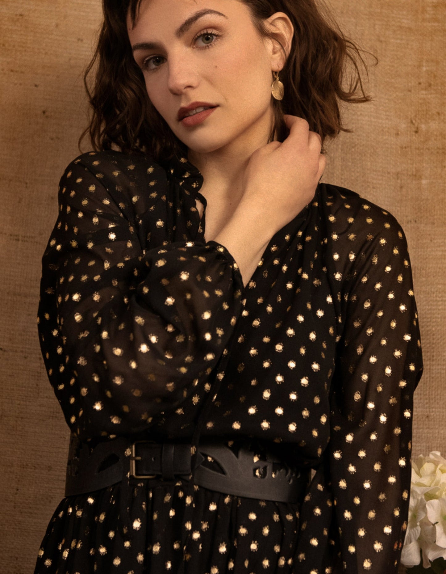 Louane Dress Tiered Tie Dot Gold Black (Sizes: XS-1X) (Sale Price: $49.30 CAD)
