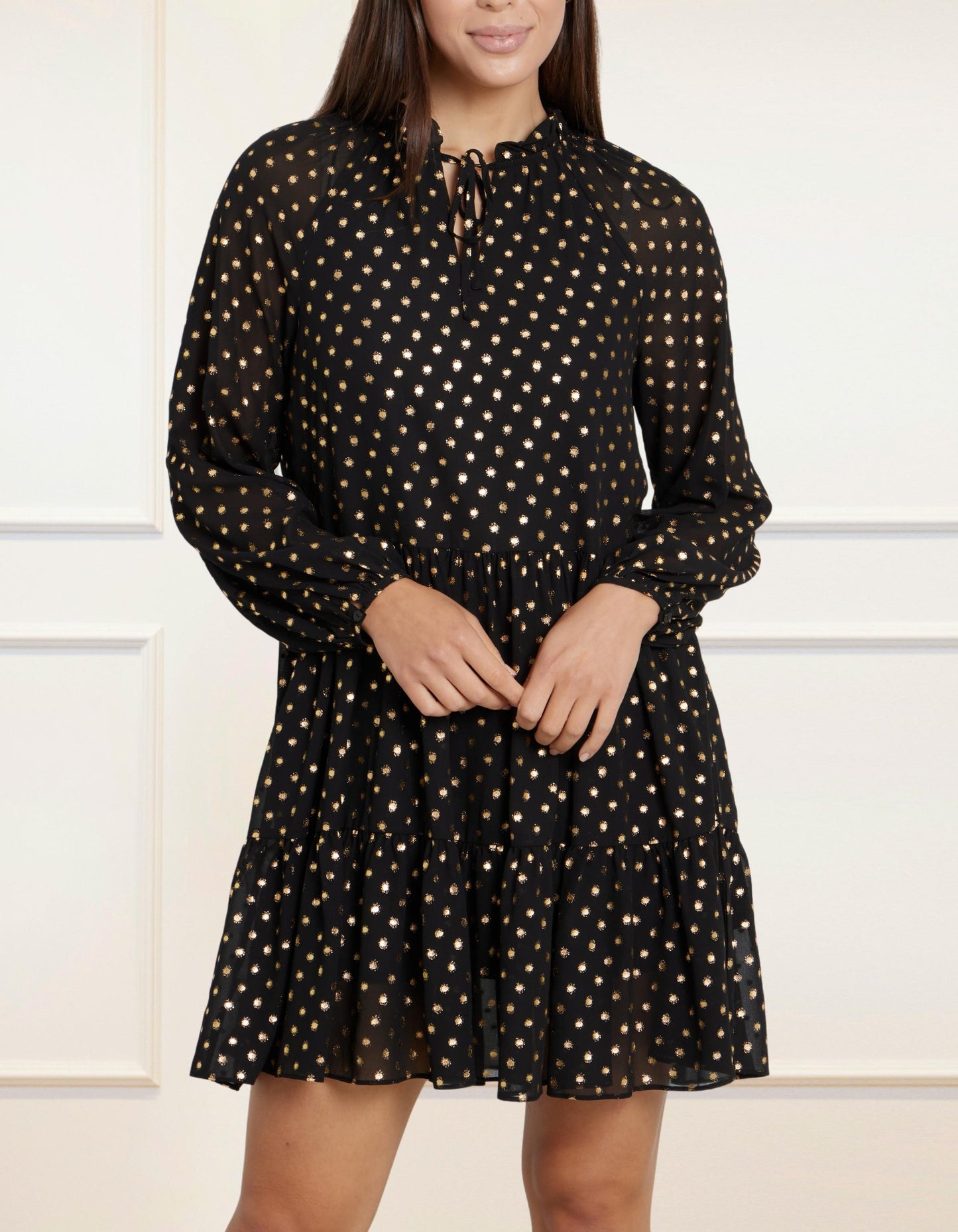 Louane Dress Tiered Tie Dot Gold Black (Sizes: XS-1X) (Sale Price: $49.30 CAD)